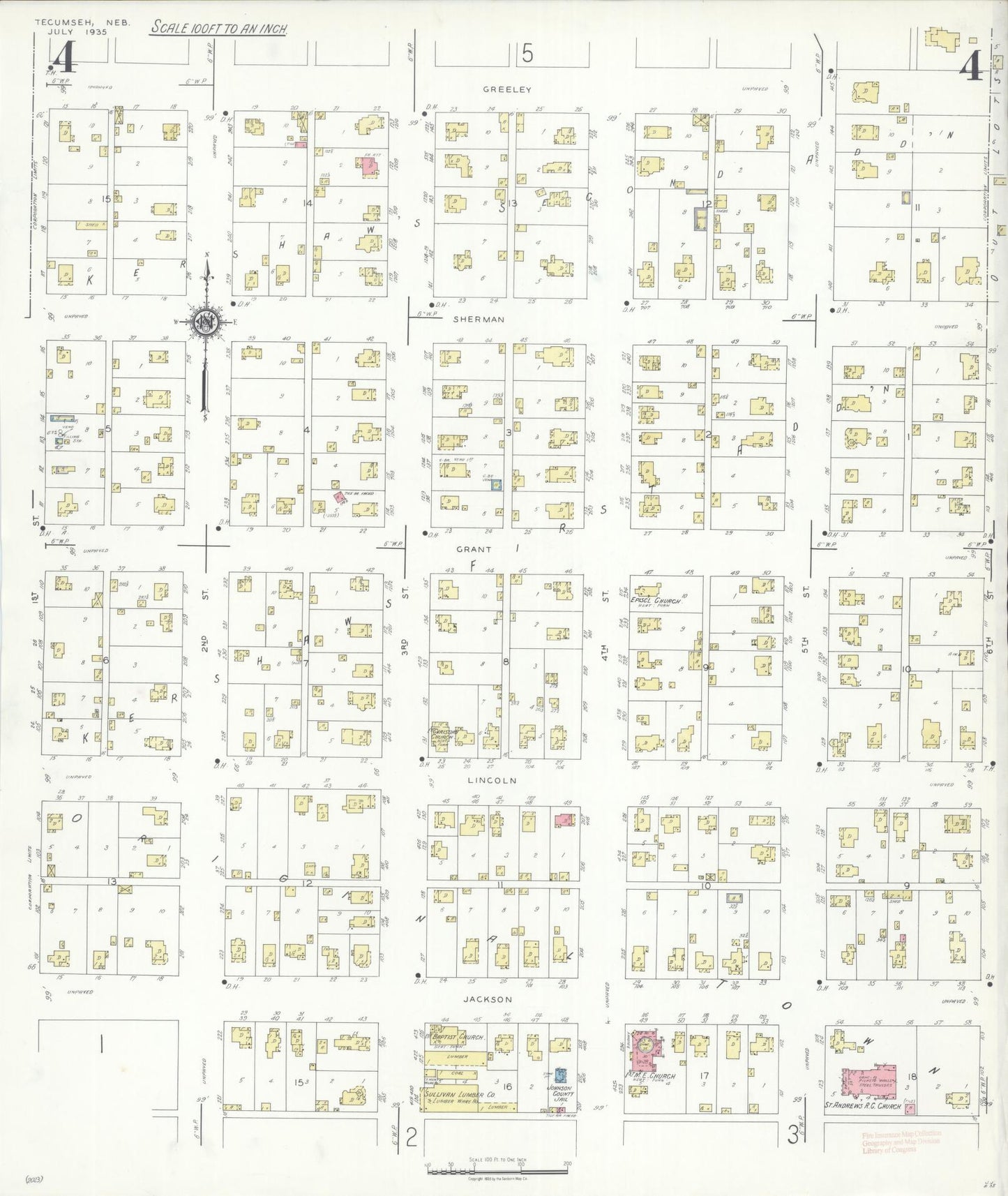 Sanborn Fire Insurance Map from Tecumseh, Johnson County, Nebraska (1935), Sheet #0004 - Historic Sanborn Fire Insurance Map Print, vintage old map wall art, antique decor, genealogy gift, Nebraska Nebraska map