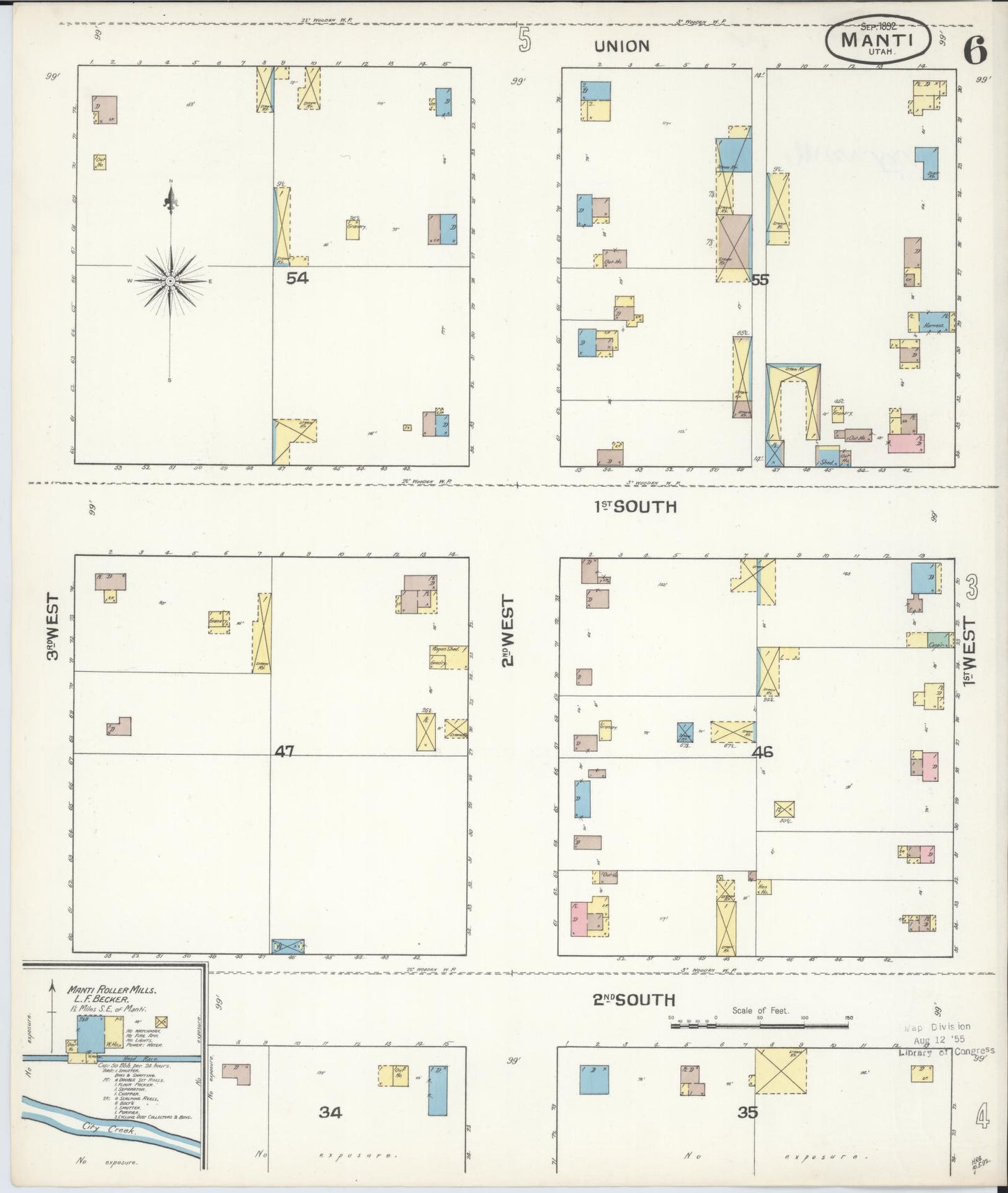Sanborn Fire Insurance Map from Manti, Sanpete County, Utah (1892), Sheet #0006 - Complete Map Set gallery image, historic Sanborn map, vintage wall art, Utah Utah