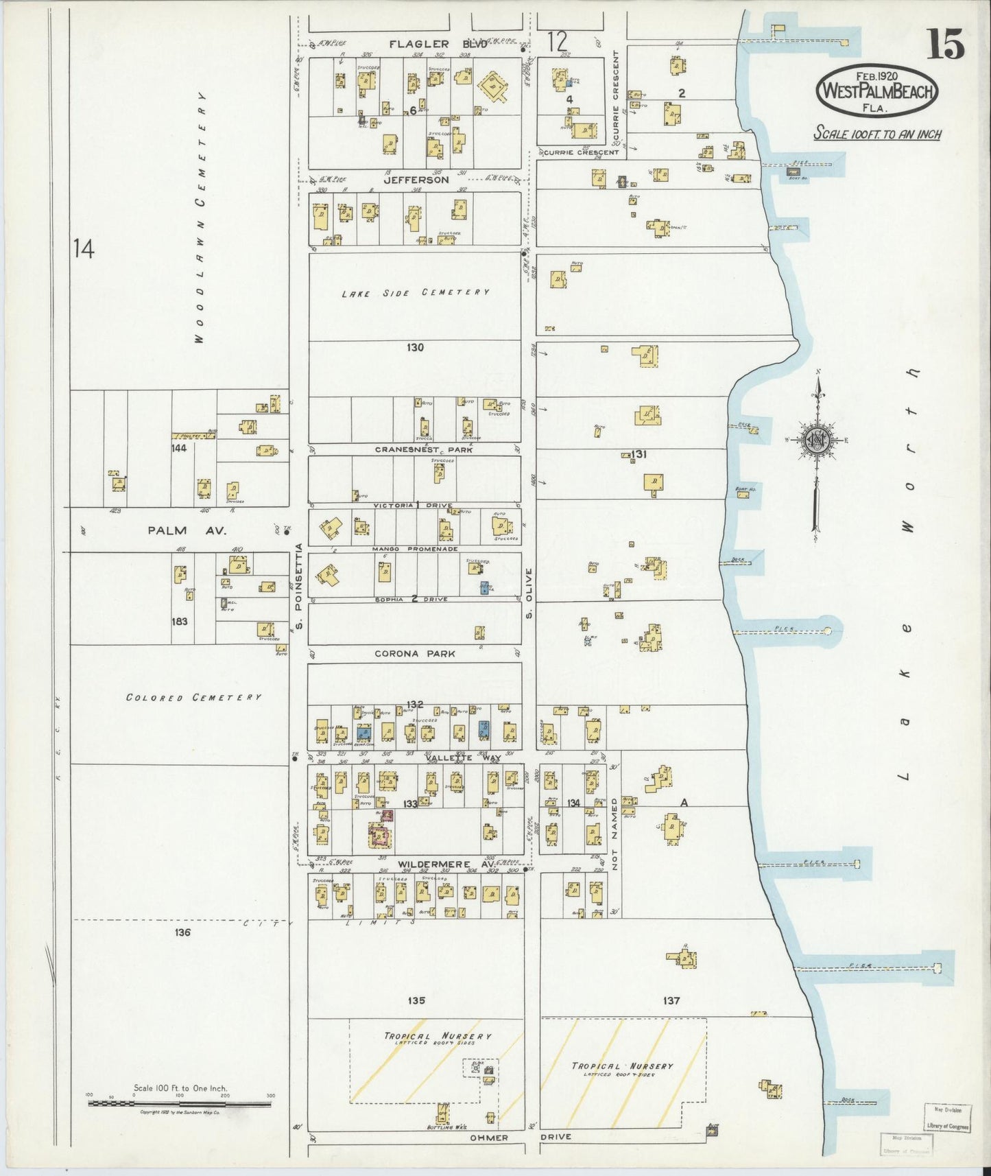 Sanborn Fire Insurance Map from West Palm Beach, Dade County, Florida (1920), Sheet #0015 - Historic Sanborn Fire Insurance Map Print, vintage old map wall art, antique decor, genealogy gift, Florida Florida map