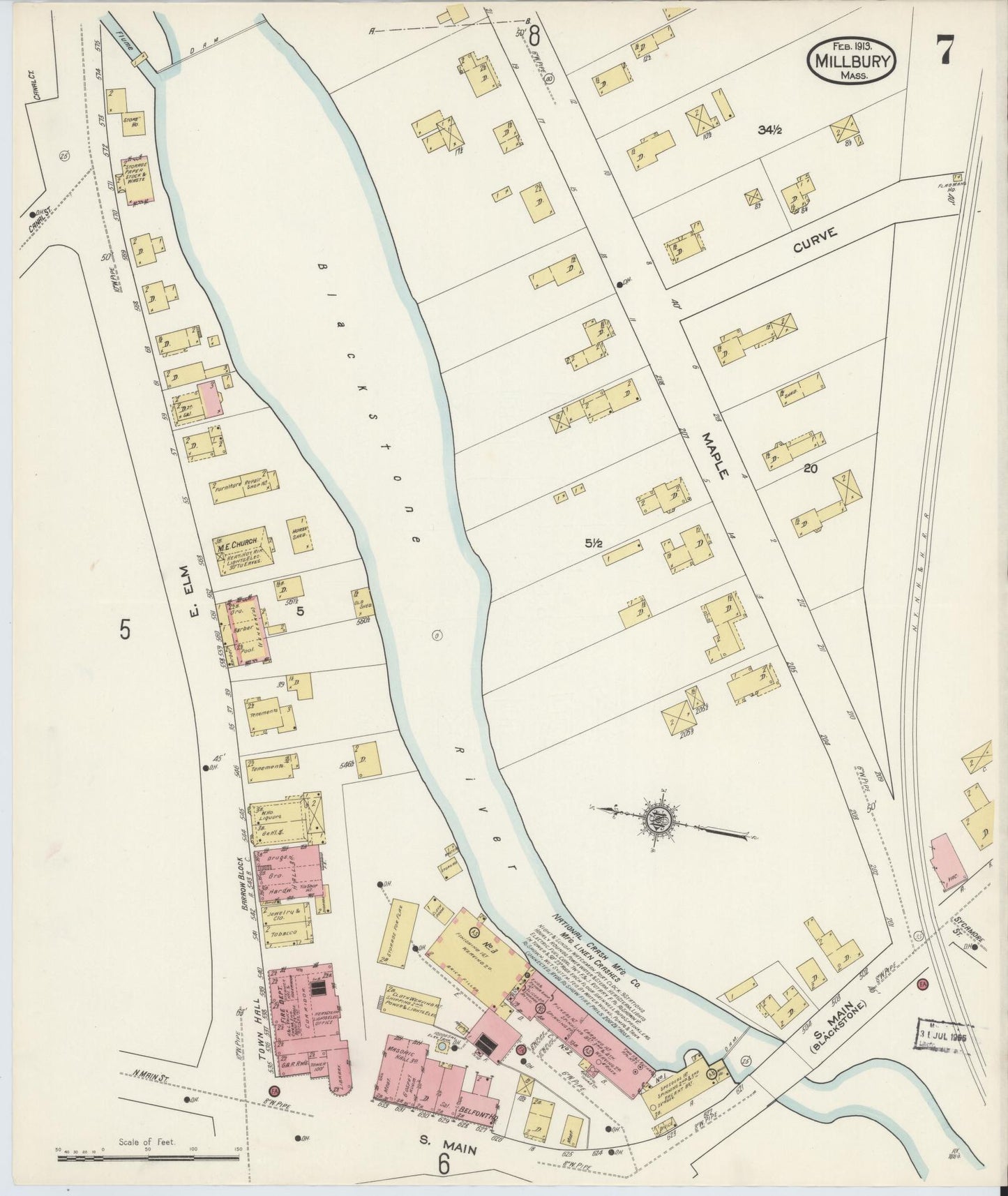 Sanborn Fire Insurance Map from Millbury, Worcester County, Massachusetts (1913), Sheet #0007 - Historic Sanborn Fire Insurance Map Print, vintage old map wall art, antique decor, genealogy gift, Massachusetts Massachusetts map