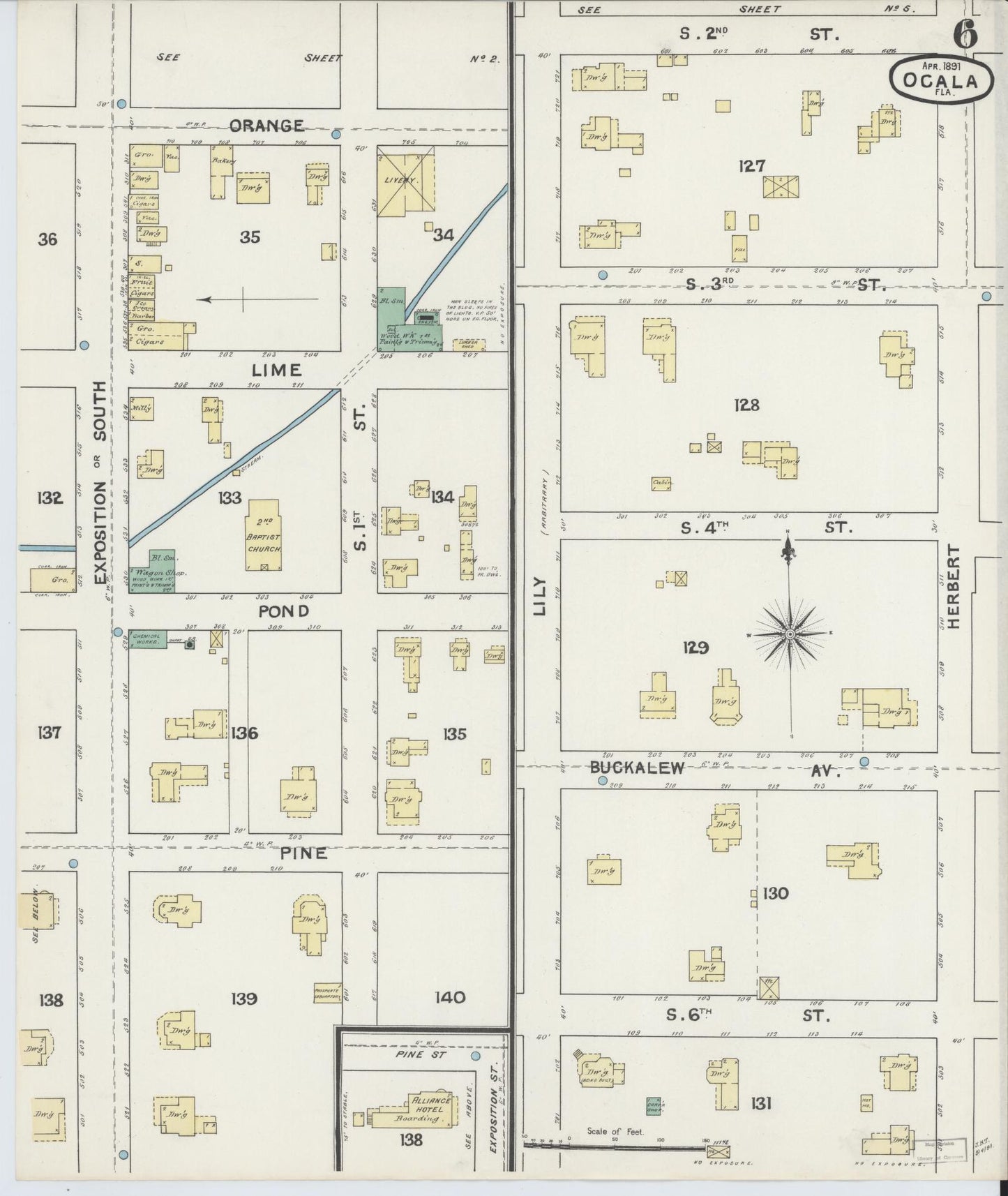 Sanborn Fire Insurance Map from Ocala, Marion County, Florida (1891), Sheet #0006 - Historic Sanborn Fire Insurance Map Print, vintage old map wall art, antique decor, genealogy gift, Florida Florida map