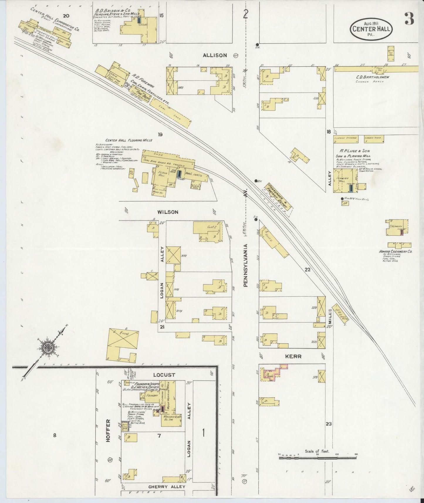 Sanborn Fire Insurance Map from Center Hall, Centre County, Pennsylvania (1911), Sheet #0003 - Historic Sanborn Fire Insurance Map Print, vintage old map wall art, antique decor, genealogy gift, Pennsylvania Pennsylvania map