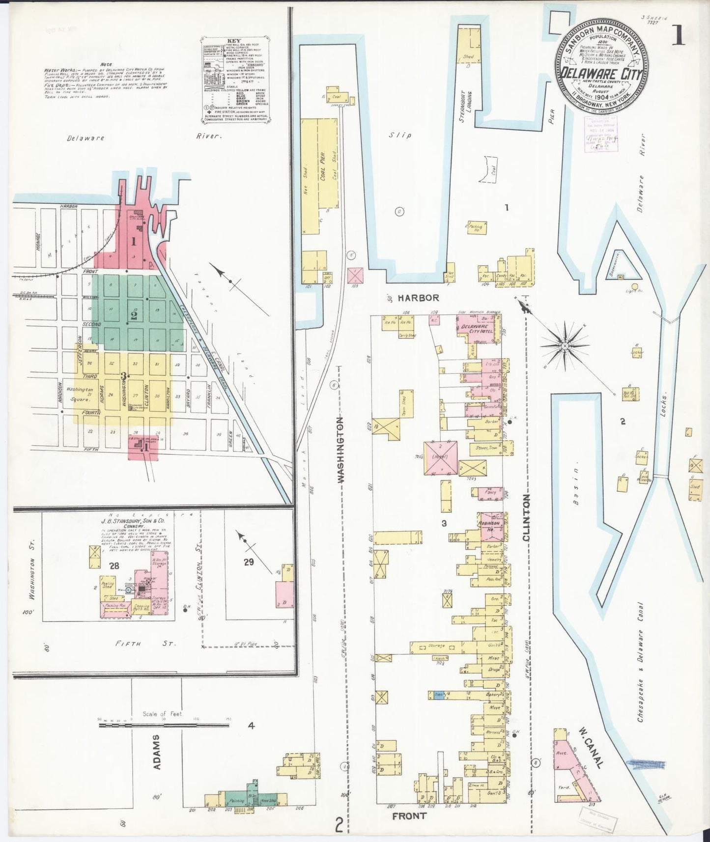 Sanborn Fire Insurance Map from Delaware City, New Castle County, Delaware (1904), Sheet #0001 - Historic Sanborn Fire Insurance Map Print, vintage old map wall art, antique decor, genealogy gift, Delaware Delaware map