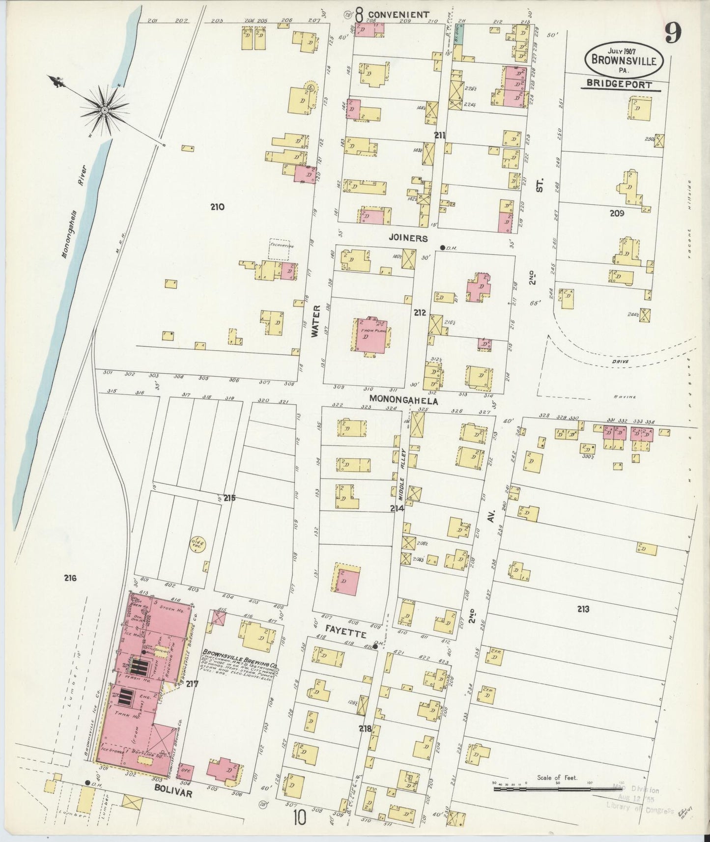 Sanborn Fire Insurance Map from Brownsville, Fayette County, Pennsylvania (1907), Sheet #0009 - Historic Sanborn Fire Insurance Map Print, vintage old map wall art, antique decor, genealogy gift, Pennsylvania Pennsylvania map
