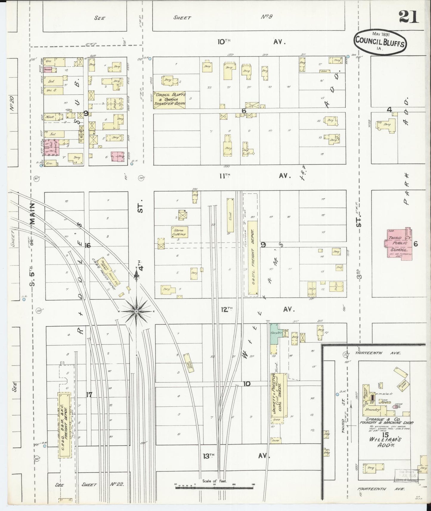Sanborn Fire Insurance Map from Council Bluffs, Pottawattamie County, Iowa (1891), Sheet #0021 - Historic Sanborn Fire Insurance Map Print, vintage old map wall art