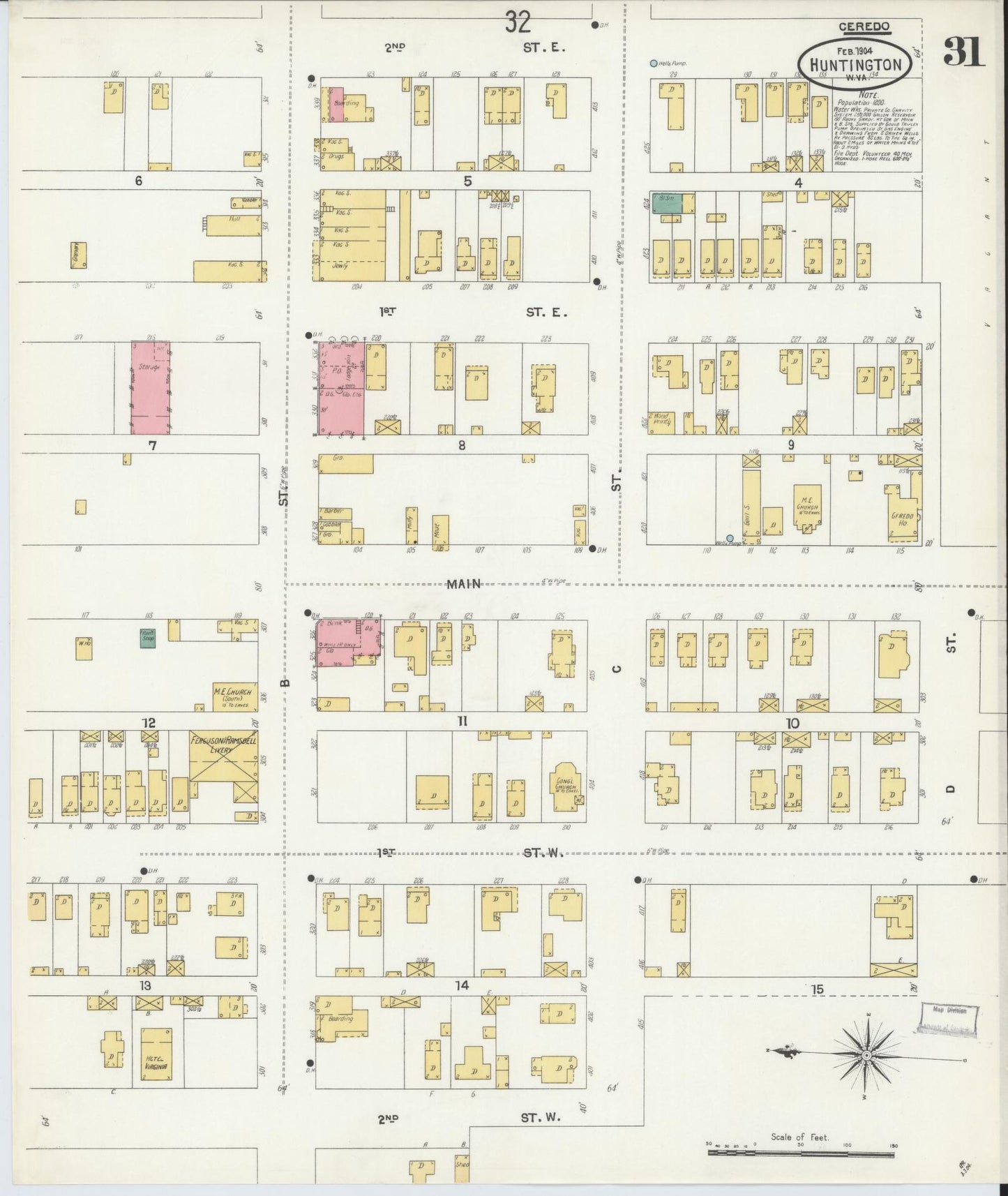 Sanborn Fire Insurance Map from Huntington, Cabell County, West Virginia (1904), Sheet #0031 - Historic Sanborn Fire Insurance Map Print, vintage old map wall art, antique decor, genealogy gift, West Virginia West Virginia map