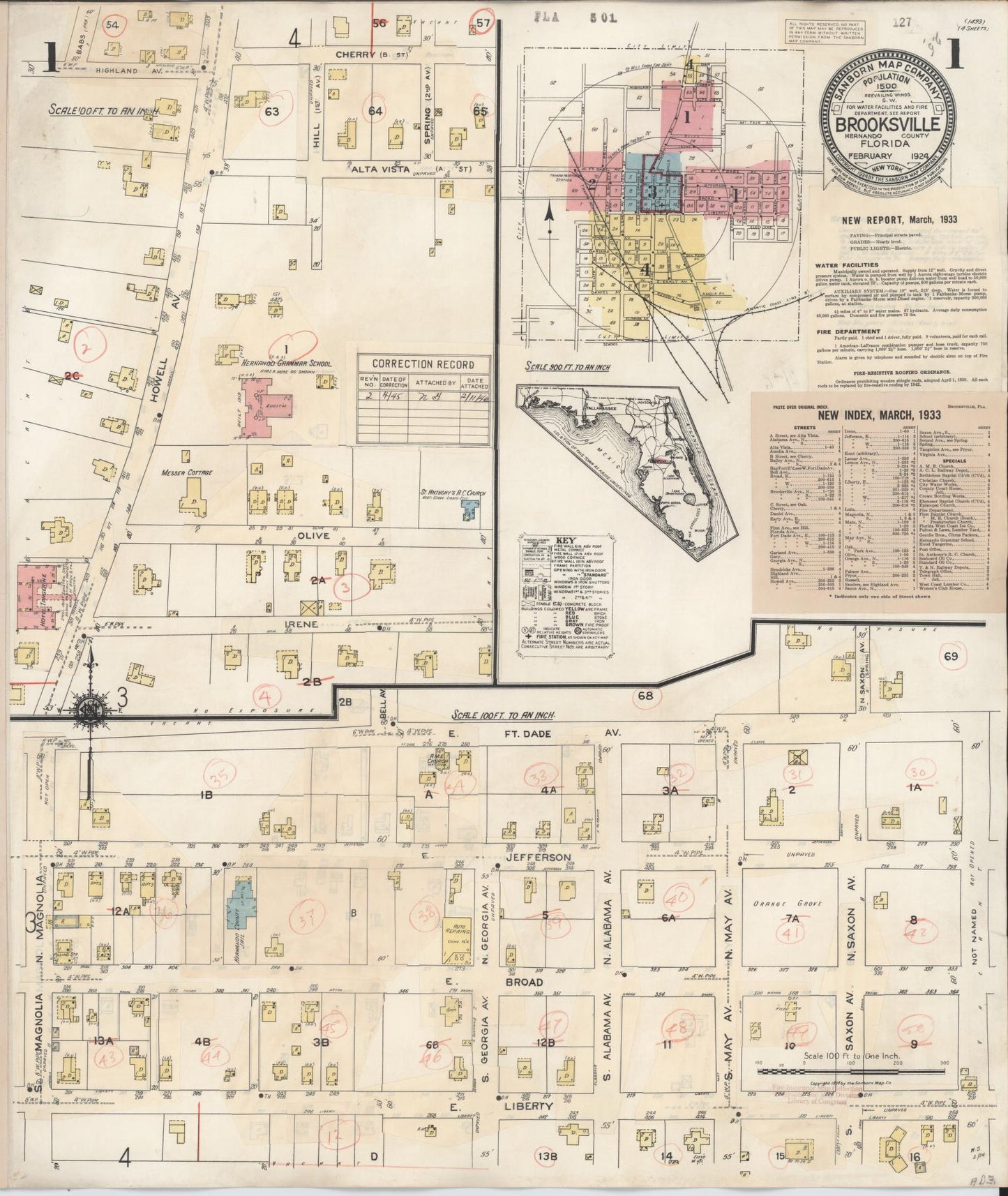 Sanborn Fire Insurance Map from Brooksville, Hernando County, Florida (1945), Sheet #0001 - Historic Sanborn Fire Insurance Map Print, vintage old map wall art, antique decor, genealogy gift, Florida Florida map