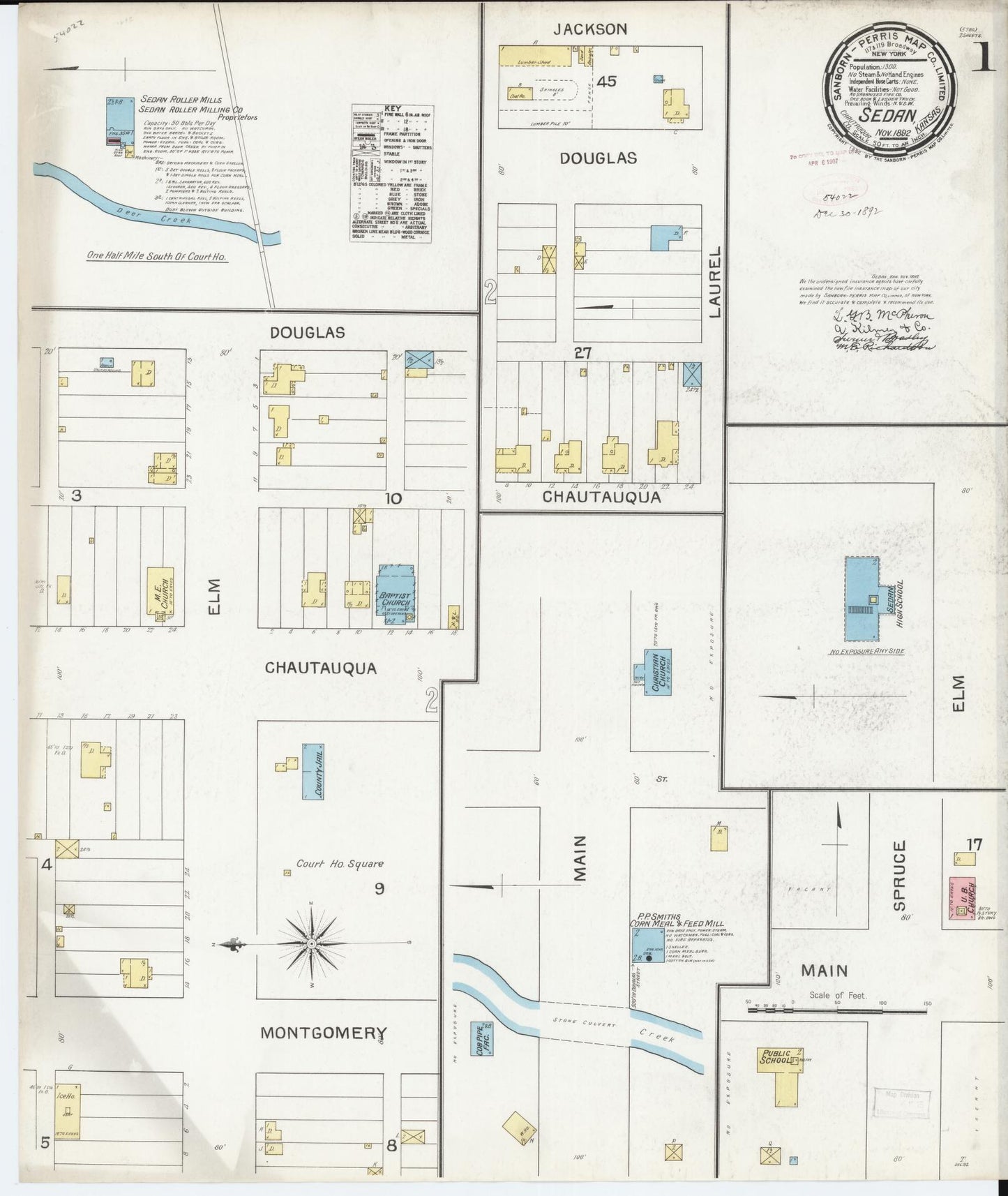 Sanborn Fire Insurance Map from Sedan, Chautauqua County, Kansas (1892), Sheet #0001 - Historic Sanborn Fire Insurance Map Print, vintage old map wall art, antique decor, genealogy gift, Kansas Kansas map