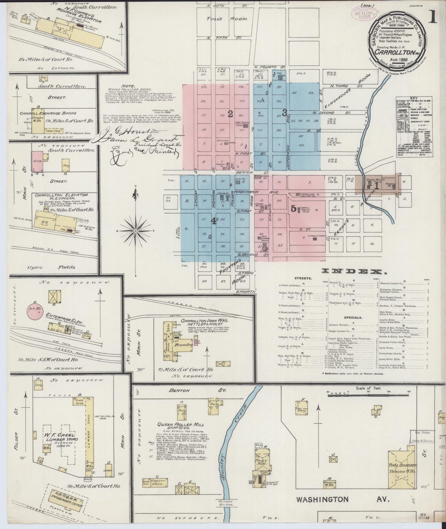 Sanborn Fire Insurance Map from Carrollton, Carroll County, Missouri (1888), Sheet #0001 - Historic Sanborn Fire Insurance Map Print, vintage old map wall art, antique decor, genealogy gift, Missouri Missouri map