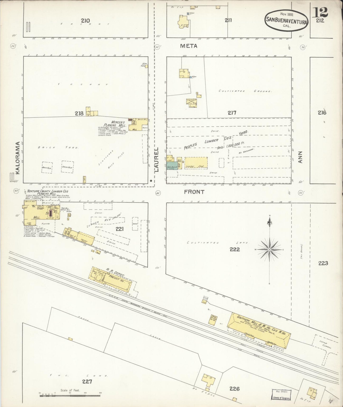Sanborn Fire Insurance Map from San Buenaventura, Ventura County, California (1892), Sheet #0012 - Complete Map Set gallery image, historic Sanborn map, vintage wall art, California California