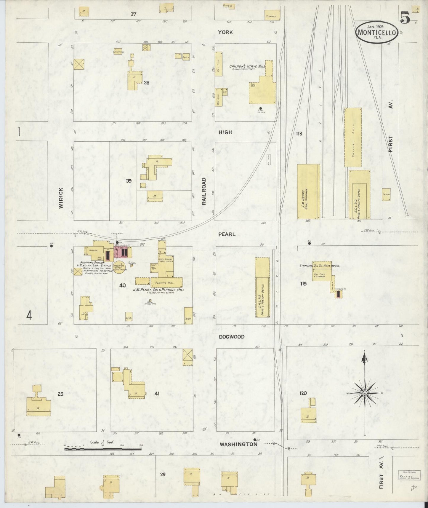Sanborn Fire Insurance Map from Monticello, Jefferson County, Florida (1909), Sheet #0005 - Complete Map Set gallery image, historic Sanborn map, vintage wall art, Florida Florida