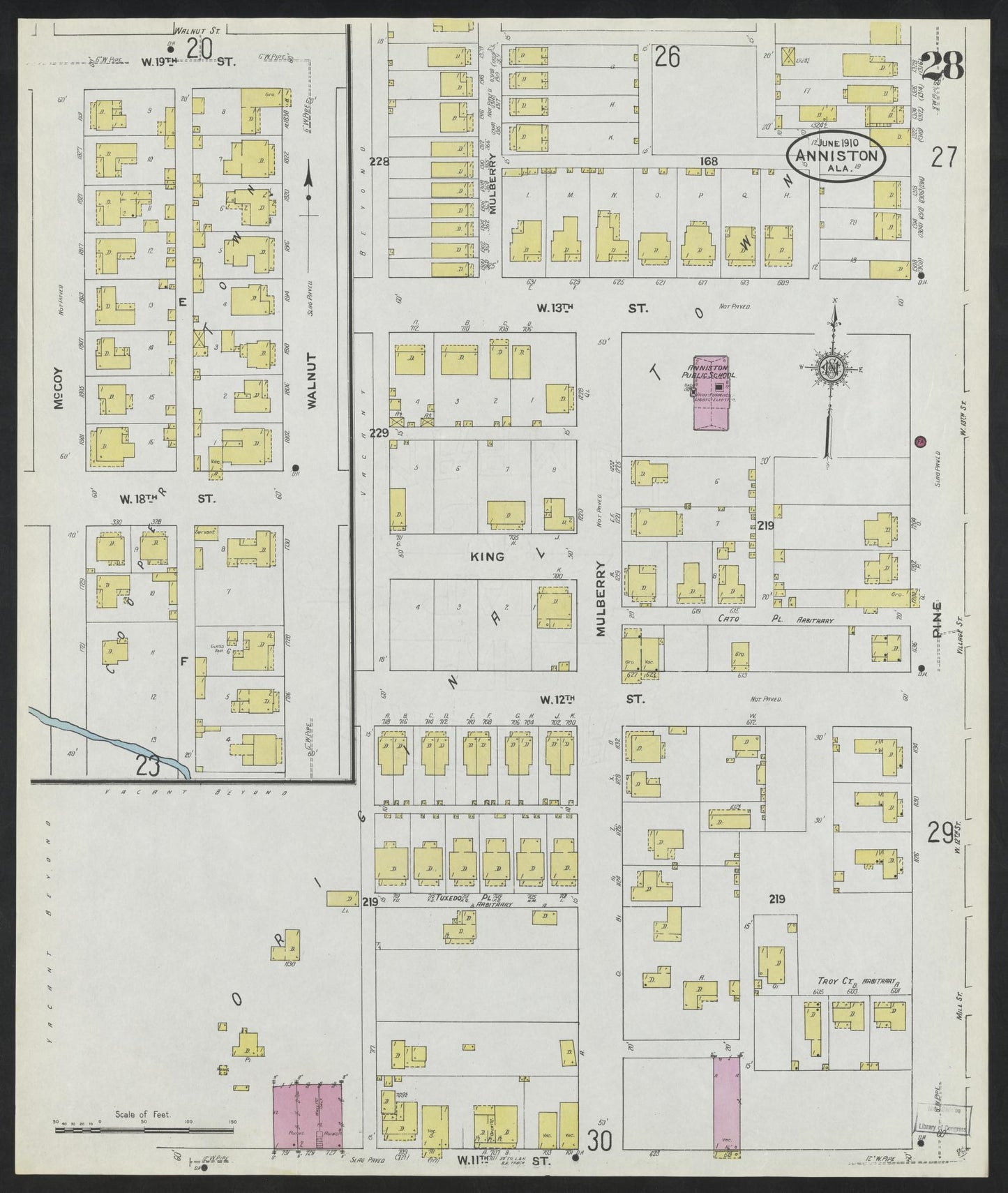 Sanborn Fire Insurance Map from Anniston, Calhoun County, Alabama (1910), Sheet #0028 - Historic Sanborn Fire Insurance Map Print, vintage old map wall art, antique decor, genealogy gift, Alabama Alabama map
