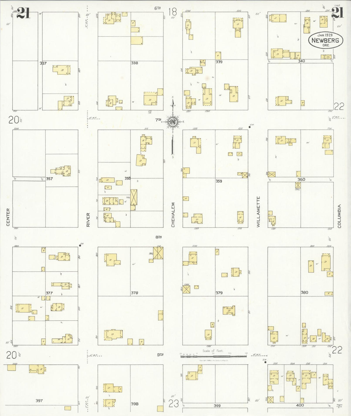 Sanborn Fire Insurance Map from Newberg, Yamhill County, Oregon (1929), Sheet #0021 - Historic Sanborn Fire Insurance Map Print, vintage old map wall art, antique decor, genealogy gift, Oregon Oregon map