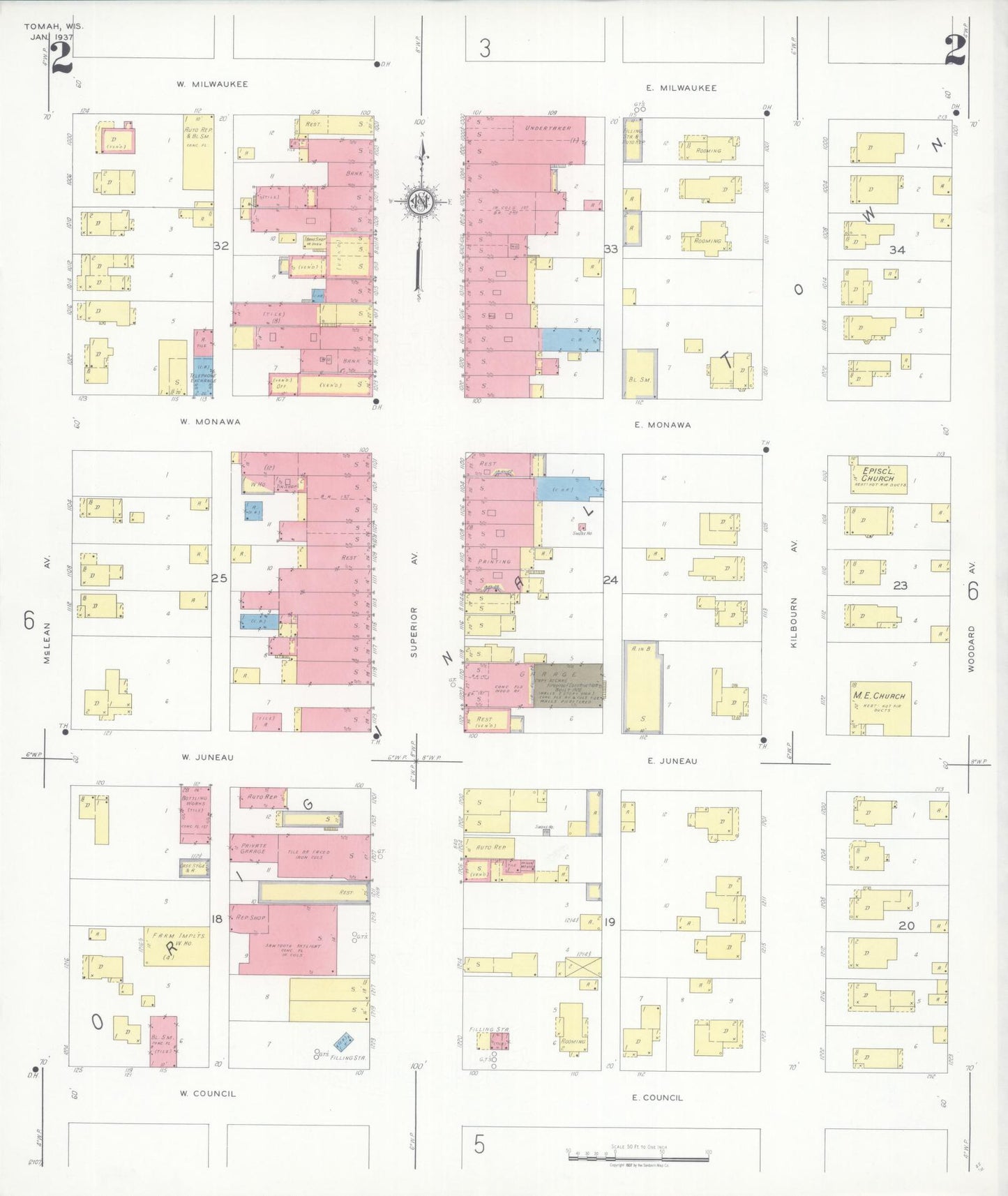 Sanborn Fire Insurance Map from Tomah, Monroe County, Wisconsin (1937), Sheet #0002 - Historic Sanborn Fire Insurance Map Print, vintage old map wall art, antique decor, genealogy gift, Wisconsin Wisconsin map