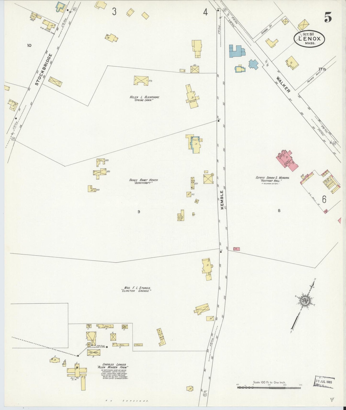 Sanborn Fire Insurance Map from Lenox, Berkshire County, Massachusetts (1911), Sheet #0005 - Historic Sanborn Fire Insurance Map Print, vintage old map wall art, antique decor, genealogy gift, Massachusetts Massachusetts map
