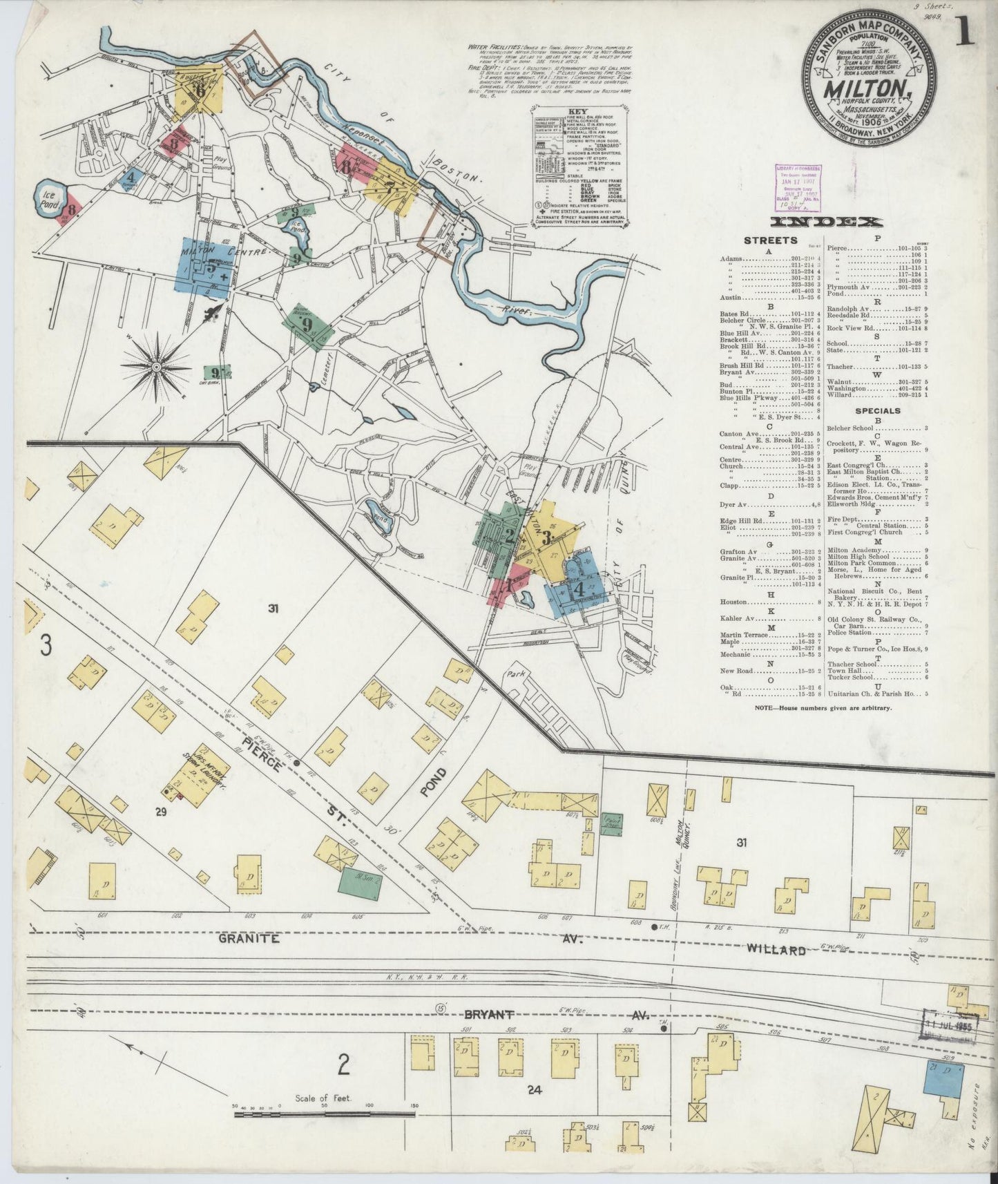 Sanborn Fire Insurance Map from Milton, Norfolk County, Massachusetts (1906), Sheet #0001 - Historic Sanborn Fire Insurance Map Print, vintage old map wall art, antique decor, genealogy gift, Massachusetts Massachusetts map
