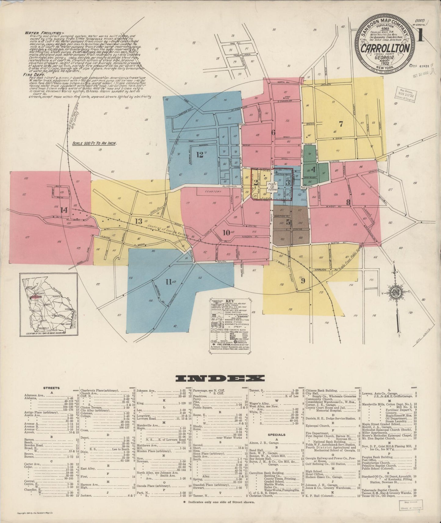 Sanborn Fire Insurance Map from Carrollton, Carroll County, Georgia (1922), Sheet #0001 - Historic Sanborn Fire Insurance Map Print, vintage old map wall art, antique decor, genealogy gift, Georgia Georgia map