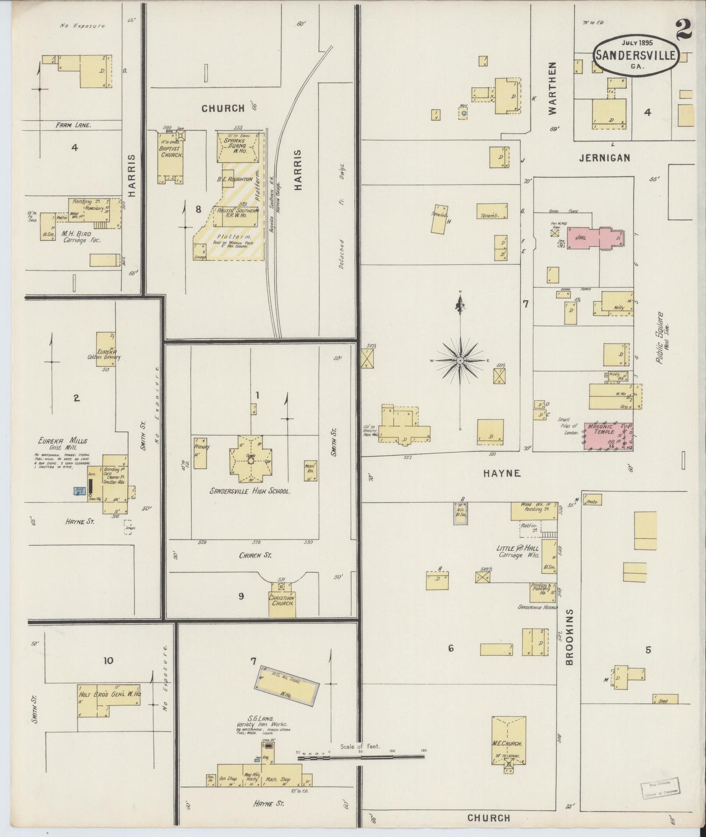 Sanborn Fire Insurance Map from Sandersville, Washington County, Georgia (1895), Sheet #0002 - Complete Map Set gallery image, historic Sanborn map, vintage wall art, Georgia Georgia