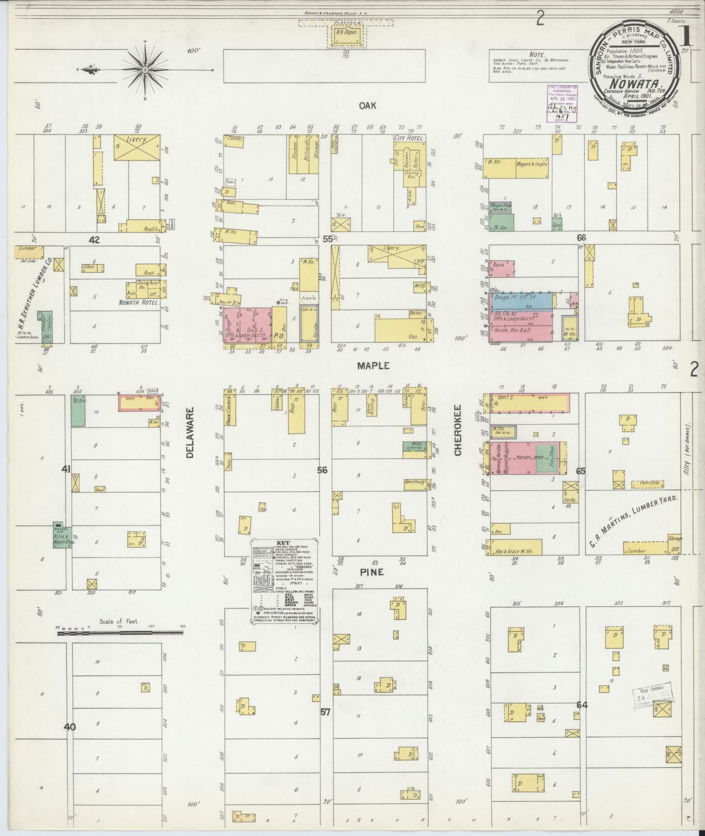 Sanborn Fire Insurance Map from Nowata, Nowata County, Oklahoma (1901), Sheet #0001 - Historic Sanborn Fire Insurance Map Print, vintage old map wall art, antique decor, genealogy gift, Oklahoma Oklahoma map