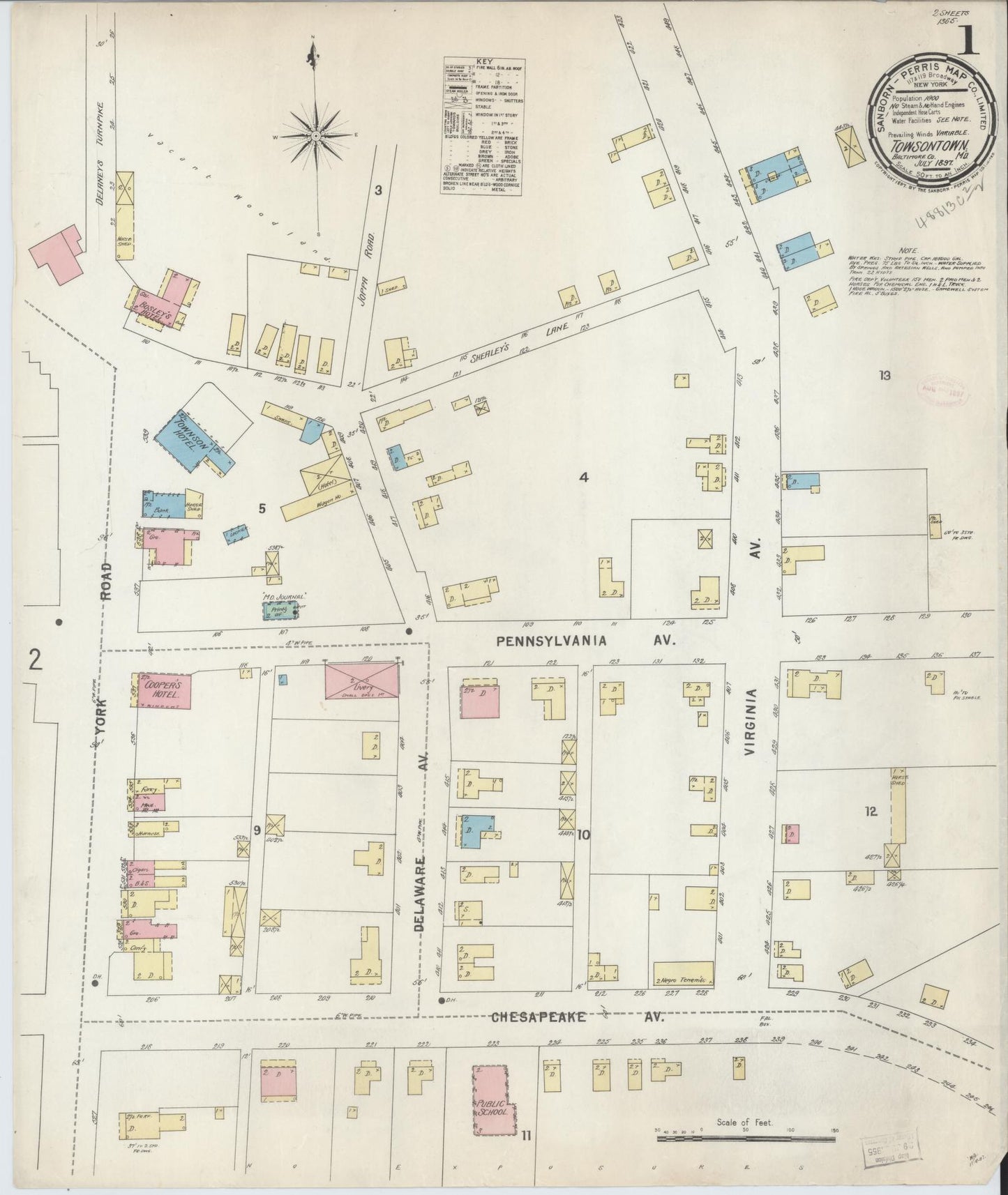 Baltimore, Maryland - 1897 - Sanborn Fire Insurance Map, Sheet #0001 - Historic Sanborn Fire Insurance Map Print, Baltimore Maryland 1897 0001 vintage old map wall art