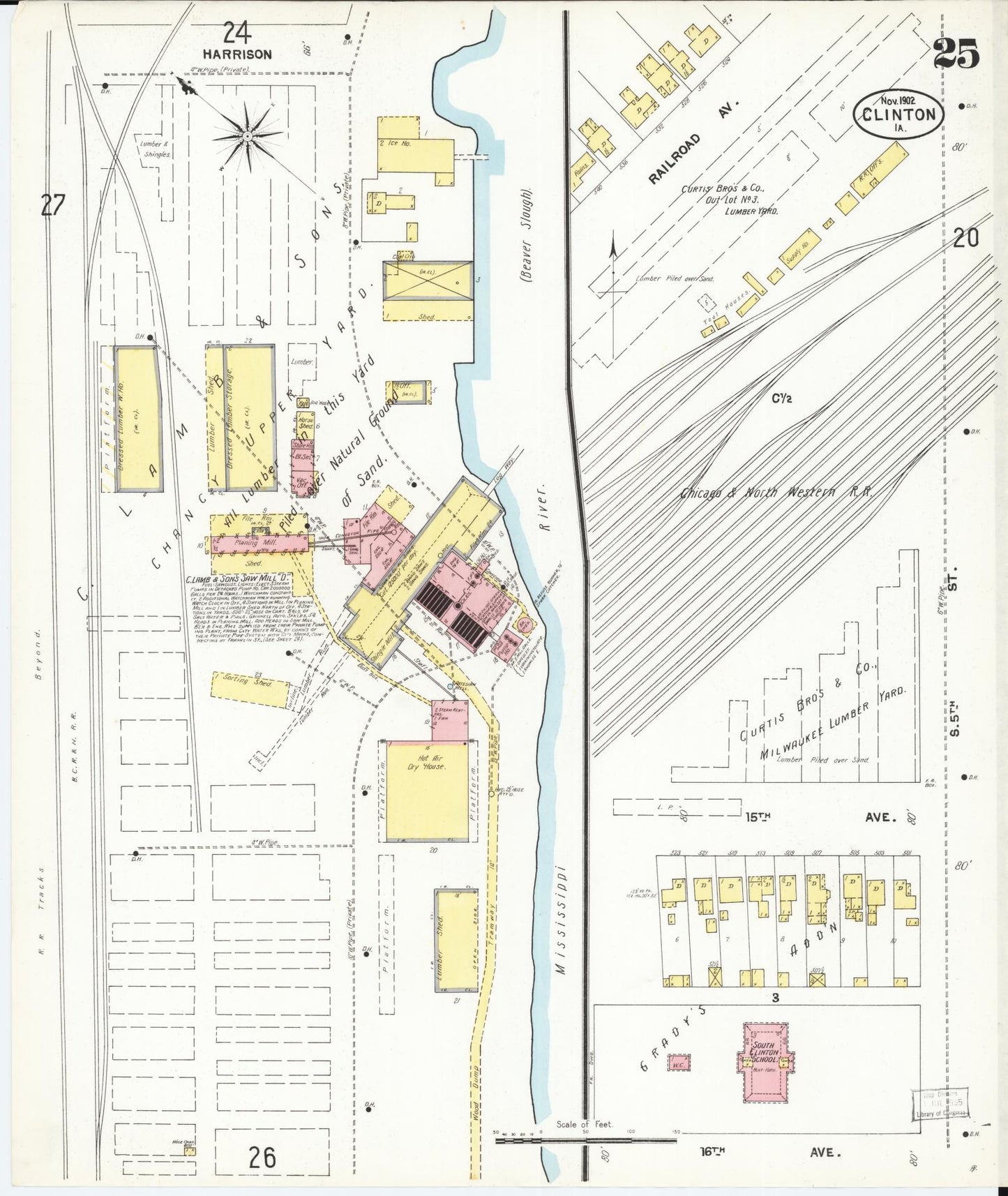Sanborn Fire Insurance Map from Clinton, Clinton County, Iowa (1902), Sheet #0025 - Historic Sanborn Fire Insurance Map Print, vintage old map wall art