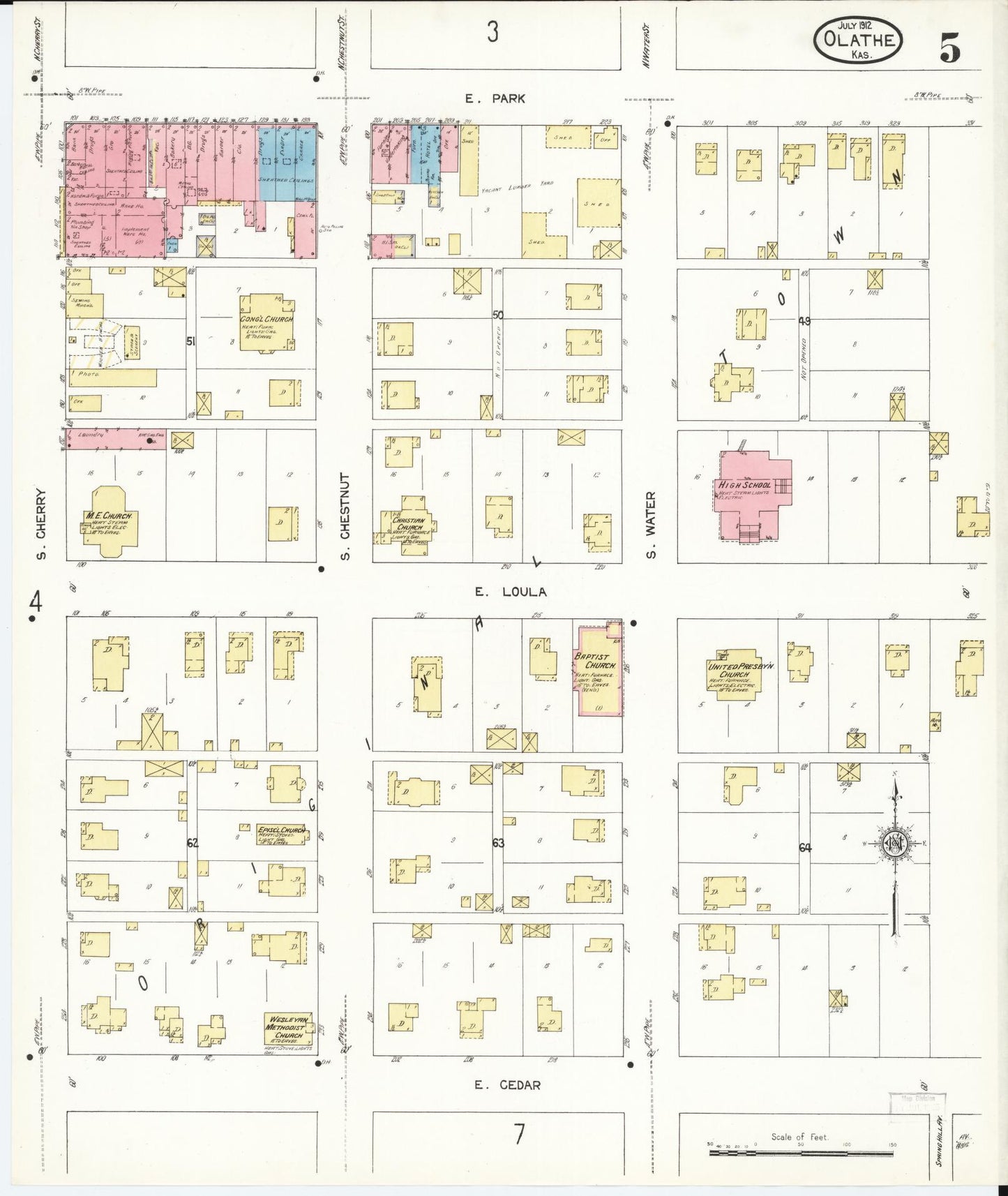 Sanborn Fire Insurance Map from Olathe, Johnson County, Kansas (1912), Sheet #0005 - Historic Sanborn Fire Insurance Map Print, vintage old map wall art, antique decor, genealogy gift, Kansas Kansas map