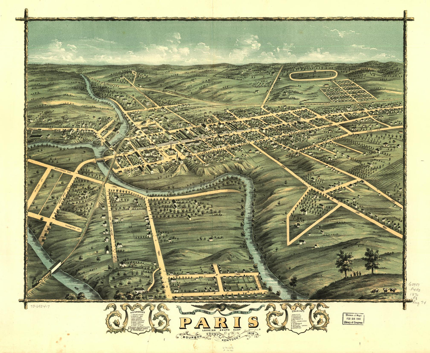 Bird's eye view of the city of Paris, Bourbon County, Kentucky 1870. (1870) – Historic Bird’s-Eye View Panorama Print