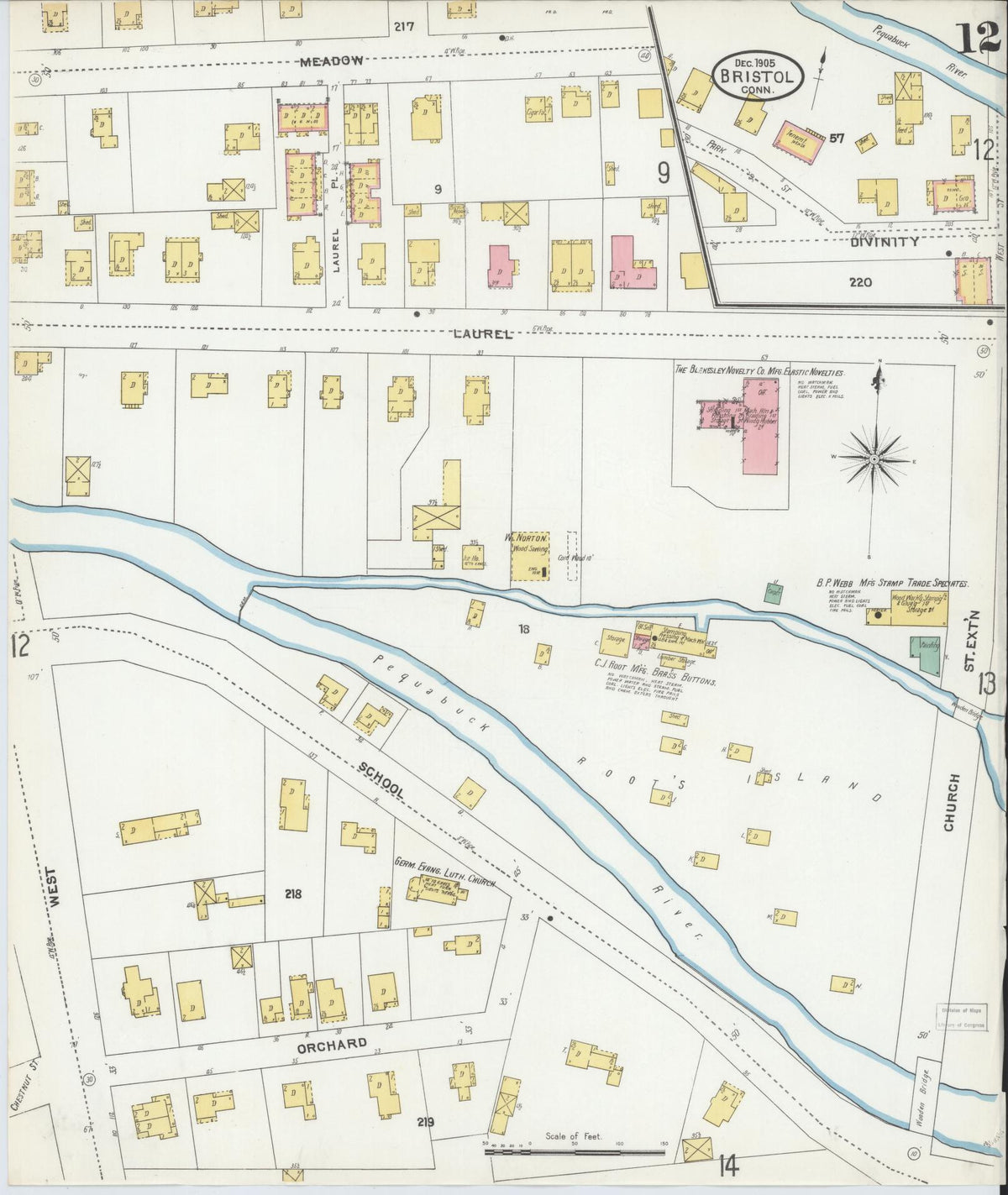 Sanborn Fire Insurance Map from Bristol, Hartford County, Connecticut (1905), Sheet #0012 - Historic Sanborn Fire Insurance Map Print, vintage old map wall art, antique decor, genealogy gift, Connecticut Connecticut map