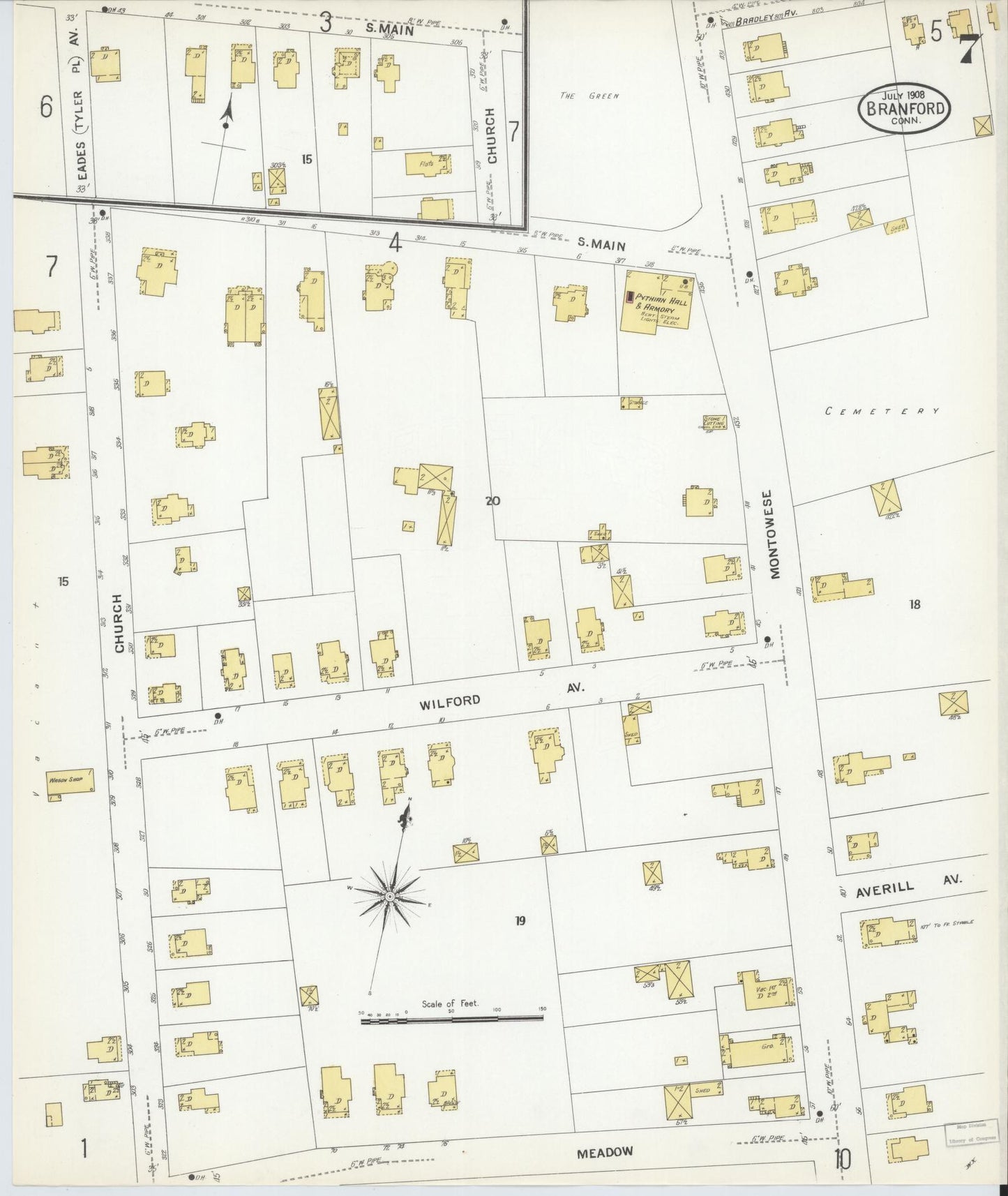 Sanborn Fire Insurance Map from Branford, New Haven County, Connecticut (1908), Sheet #0007 - Historic Sanborn Fire Insurance Map Print, vintage old map wall art, antique decor, genealogy gift, Connecticut Connecticut map