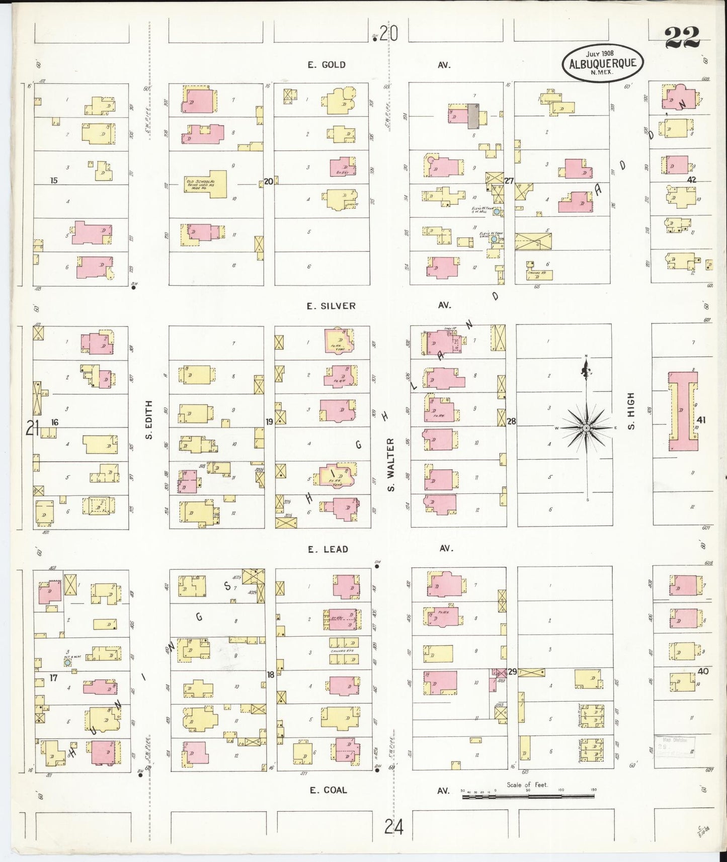 Sanborn Fire Insurance Map from Albuquerque, Bernalillo County, New Mexico (1908), Sheet #0022 - Historic Sanborn Fire Insurance Map Print, vintage old map wall art, antique decor, genealogy gift, New Mexico New Mexico map