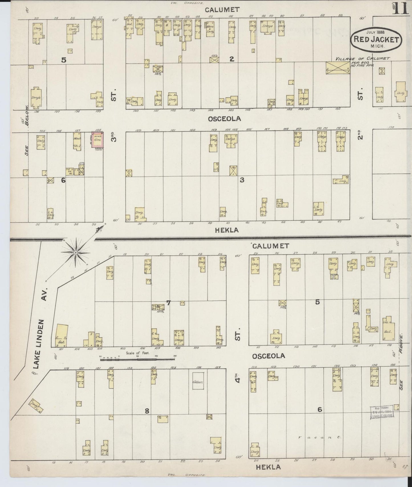 Sanborn Fire Insurance Map from Red Jacket, Houghton County, Michigan (1888), Sheet #0011 - Complete Map Set gallery image, historic Sanborn map, vintage wall art, Michigan Michigan
