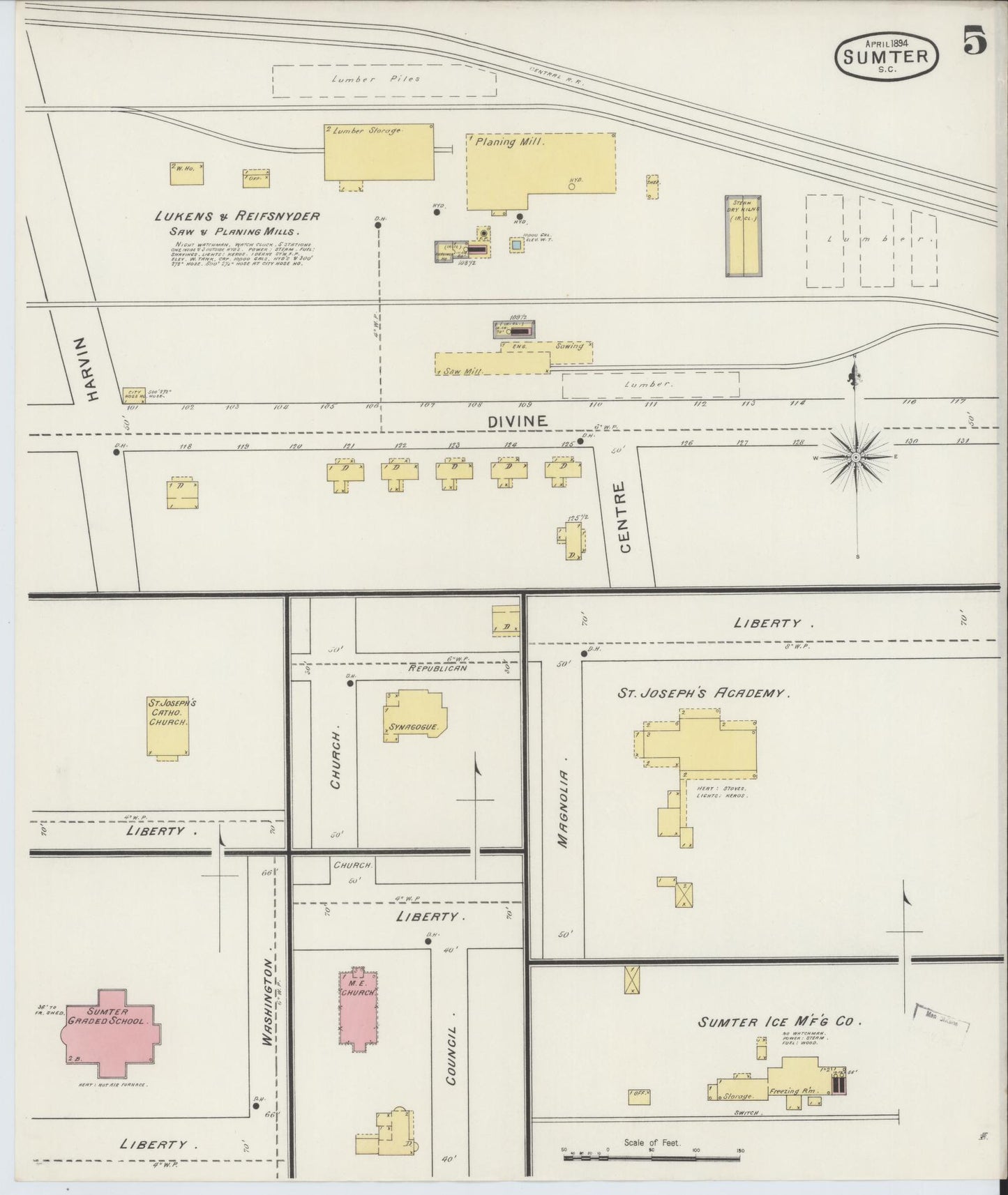 Sanborn Fire Insurance Map from Sumter, Sumter County, South Carolina (1894), Sheet #0005 - Complete Map Set gallery image, historic Sanborn map, vintage wall art, South Carolina South Carolina