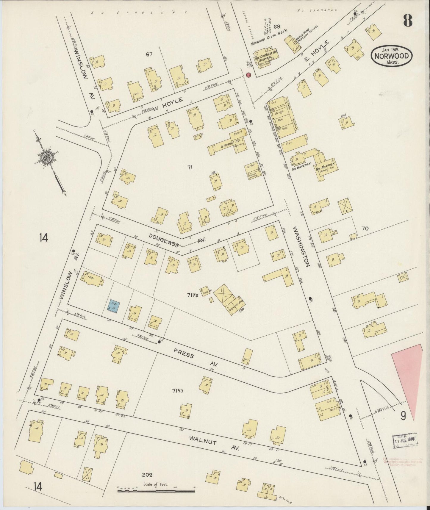 Sanborn Fire Insurance Map from Norwood, Norfolk County, Massachusetts (1915), Sheet #0008 - Historic Sanborn Fire Insurance Map Print, vintage old map wall art, antique decor, genealogy gift, Massachusetts Massachusetts map