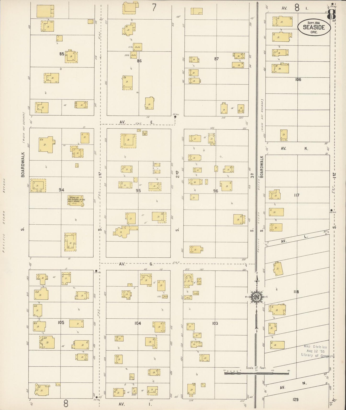 Sanborn Fire Insurance Map from Seaside, Clatsop County, Oregon (1914), Sheet #0008 - Complete Map Set gallery image, historic Sanborn map, vintage wall art, Oregon Oregon