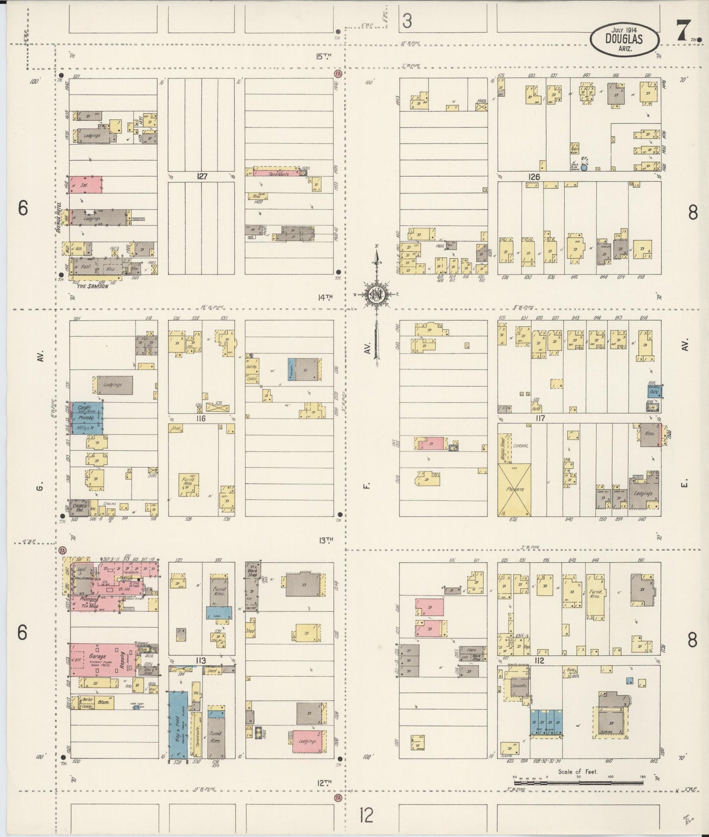 Sanborn Fire Insurance Map from Douglas, Cochise County, Arizona (1914), Sheet #0007 - Historic Sanborn Fire Insurance Map Print, vintage old map wall art, antique decor, genealogy gift, Arizona Arizona map