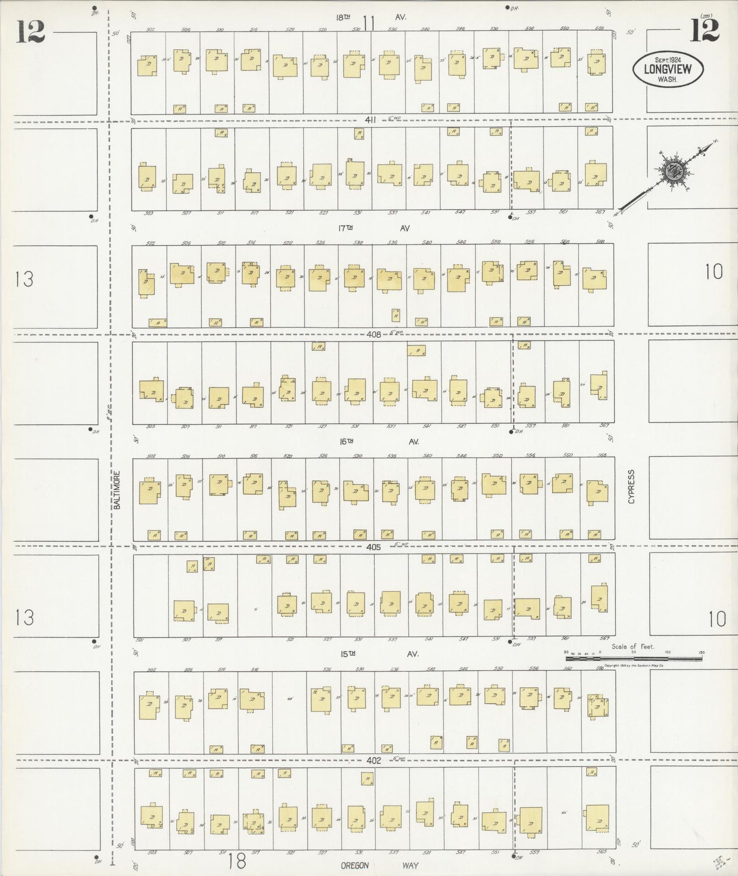 Sanborn Fire Insurance Map from Longview, Cowlitz County, Washington (1924), Sheet #0012 - Historic Sanborn Fire Insurance Map Print, vintage old map wall art, antique decor, genealogy gift, Washington Washington map