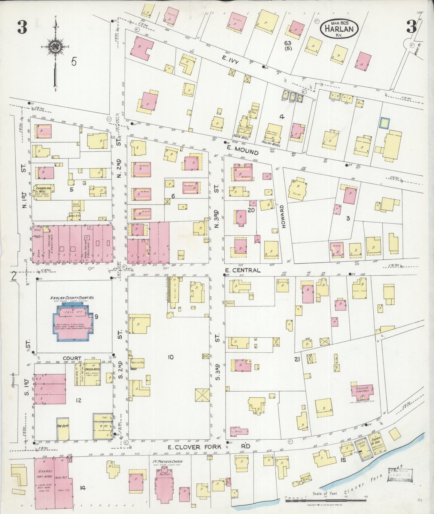 Sanborn Fire Insurance Map from Harlan, Harlan County, Kentucky (1925), Sheet #0003 - Historic Sanborn Fire Insurance Map Print, vintage old map wall art, antique decor, genealogy gift, Kentucky Kentucky map