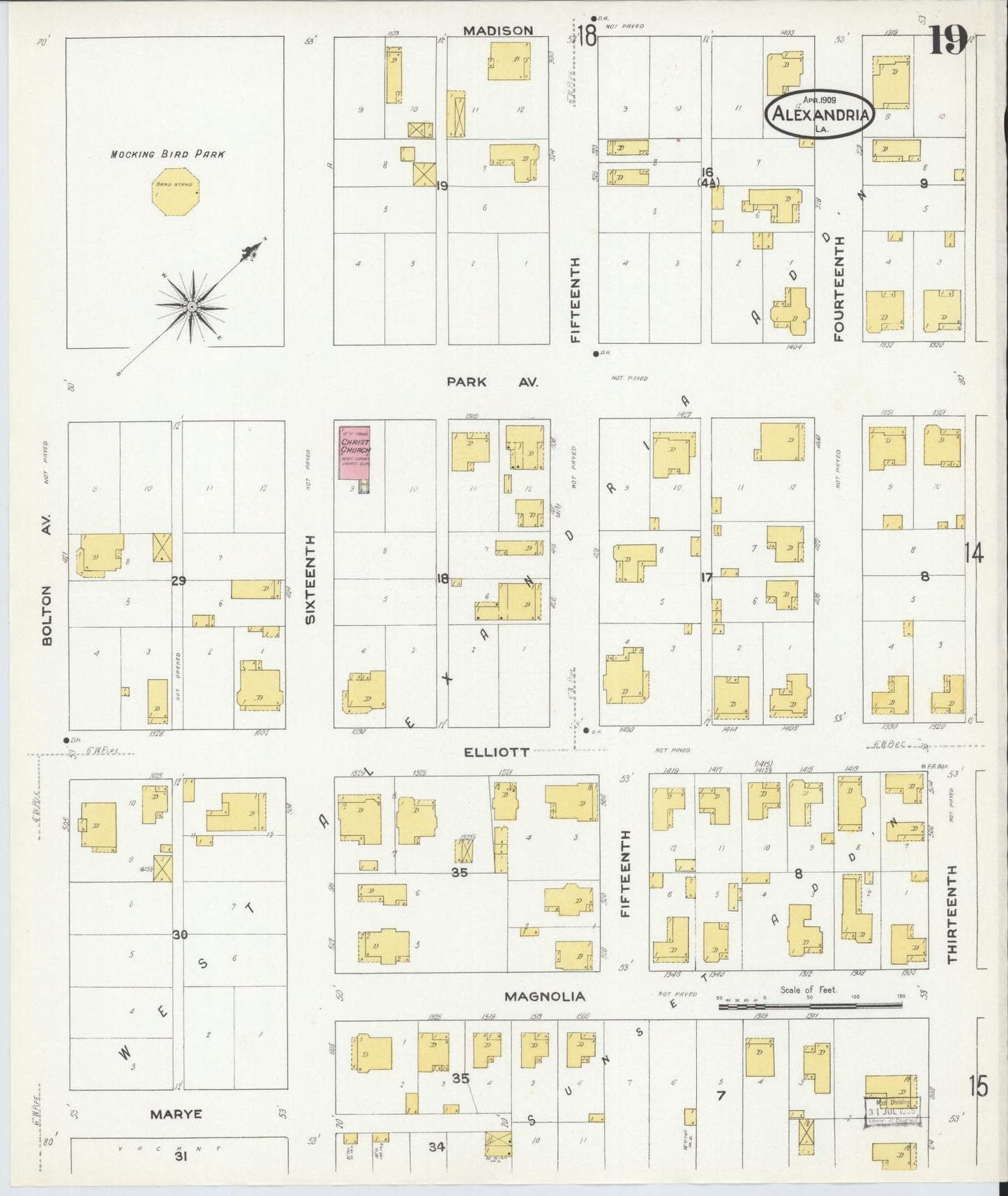 Sanborn Fire Insurance Map from Alexandria, Rapides Parish, Louisiana (1909), Sheet #0019 - Historic Sanborn Fire Insurance Map Print, vintage old map wall art, antique decor, genealogy gift, Louisiana Louisiana map