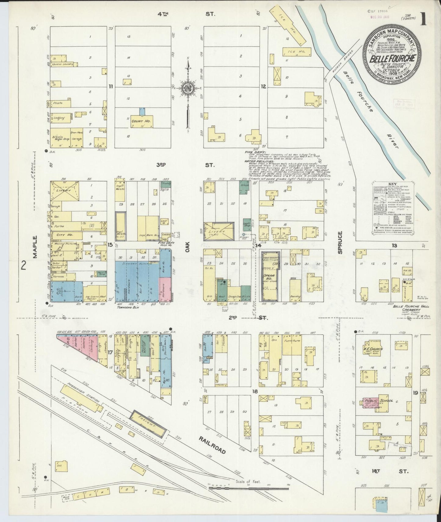 Sanborn Fire Insurance Map from Belle Fourche, Butte County, South Dakota (1909), Sheet #0001 - Historic Sanborn Fire Insurance Map Print, vintage old map wall art, antique decor, genealogy gift, South Dakota South Dakota map
