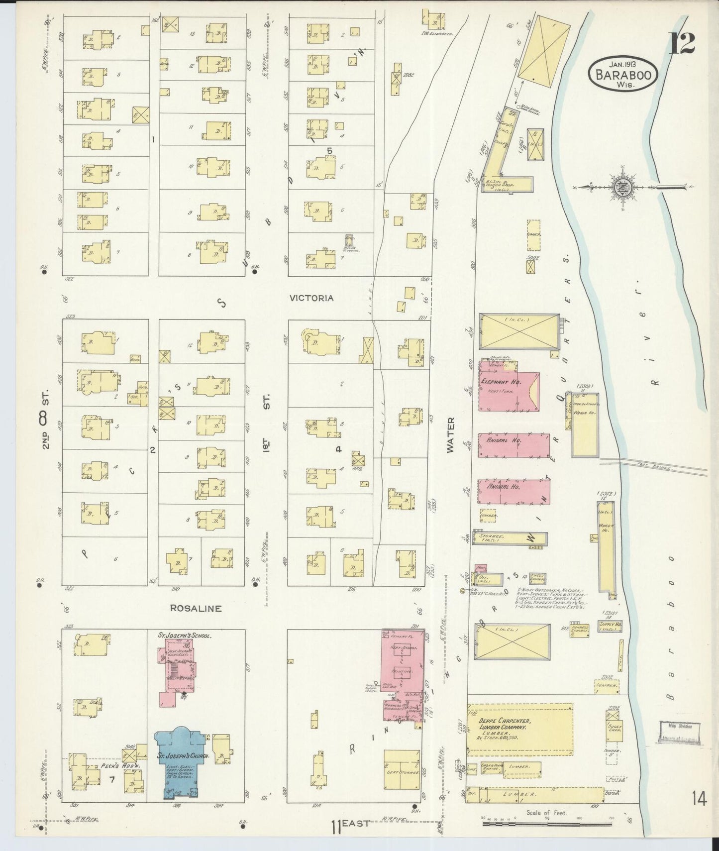 Sanborn Fire Insurance Map from Baraboo, Sauk County, Wisconsin (1913), Sheet #0012 - Historic Sanborn Fire Insurance Map Print, vintage old map wall art, antique decor, genealogy gift, Wisconsin Wisconsin map