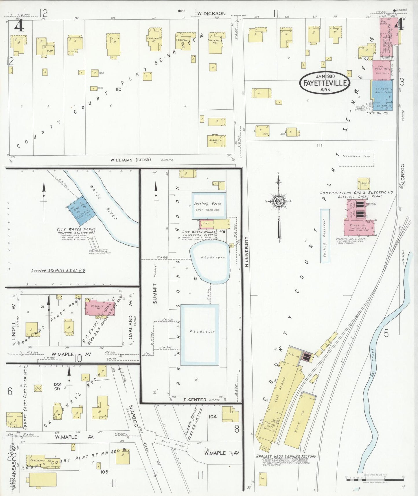 Sanborn Fire Insurance Map from Fayetteville, Washington County, Arkansas (1930), Sheet #0004 - Historic Sanborn Fire Insurance Map Print, vintage old map wall art, antique decor, genealogy gift, Arkansas Arkansas map