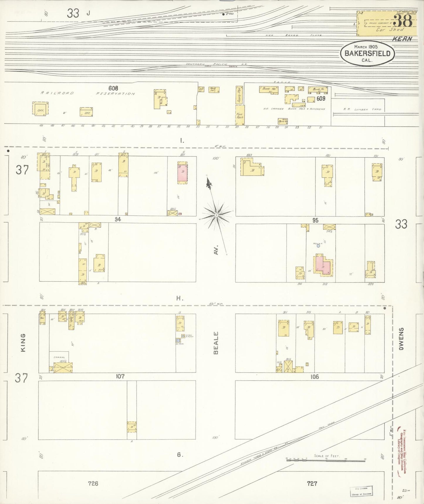 Sanborn Fire Insurance Map from Bakersfield, Kern County, California (1905), Sheet #0038 - Historic Sanborn Fire Insurance Map Print, vintage old map wall art, antique decor, genealogy gift, California California map