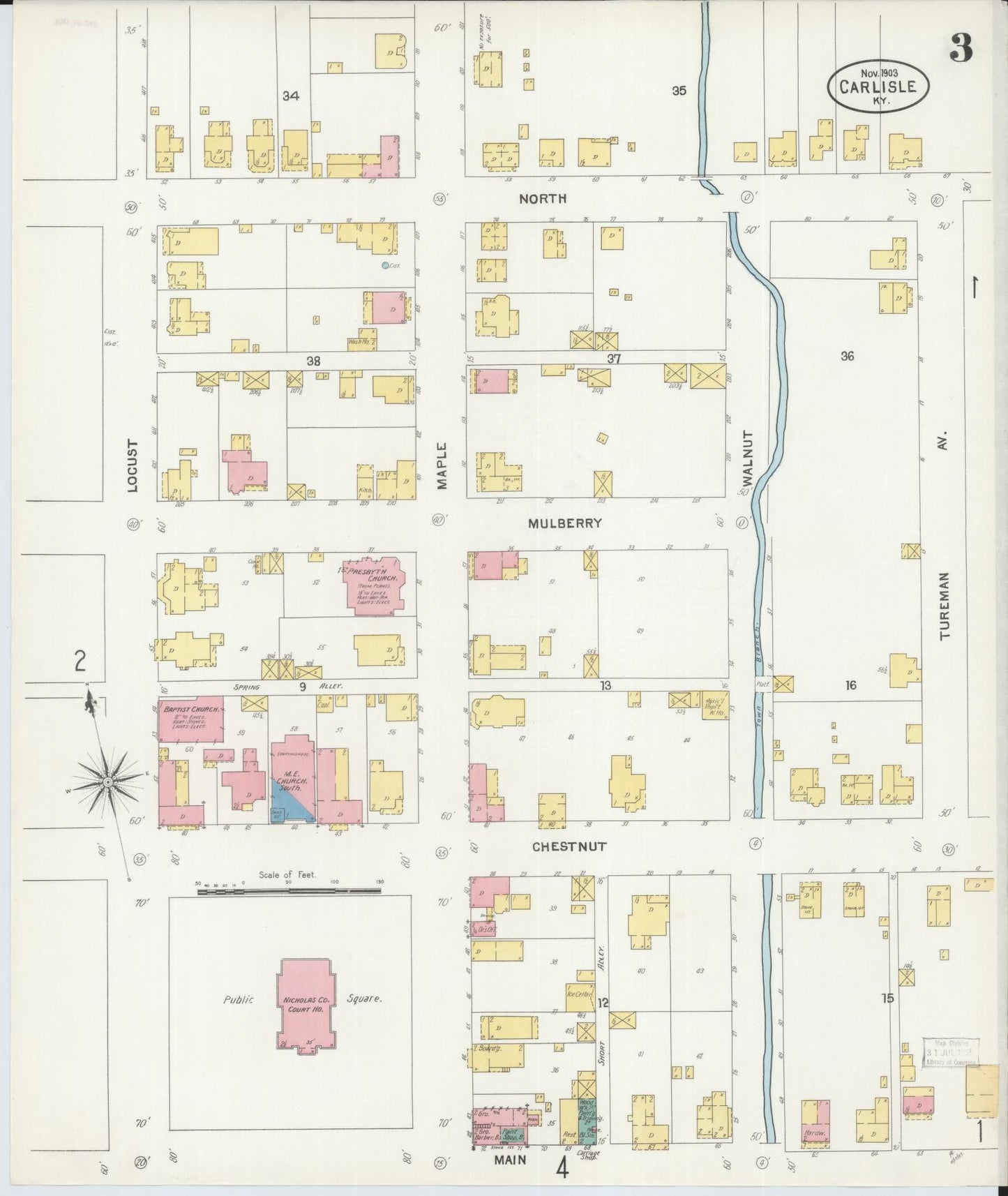 Sanborn Fire Insurance Map from Carlisle, Nicholas County, Kentucky (1903), Sheet #0003 - Historic Sanborn Fire Insurance Map Print, vintage old map wall art, antique decor, genealogy gift, Kentucky Kentucky map