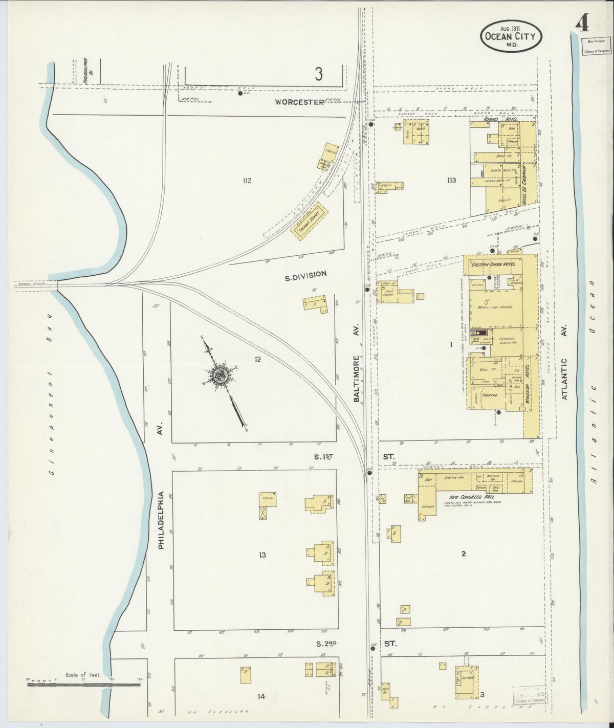 Sanborn Fire Insurance Map from Ocean City, Worcester County, Maryland (1911), Sheet #0004 - Historic Sanborn Fire Insurance Map Print, vintage old map wall art, antique decor, genealogy gift, Maryland Maryland map