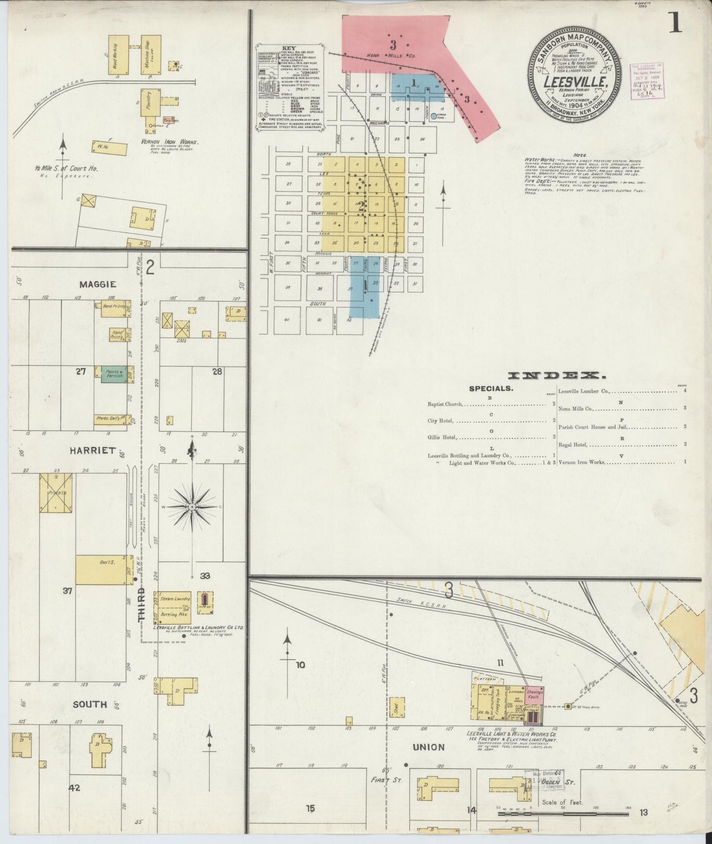 Sanborn Fire Insurance Map from Leesville, Vernon Parish, Louisiana (1904), Sheet #0001 - Historic Sanborn Fire Insurance Map Print, vintage old map wall art, antique decor, genealogy gift, Louisiana Louisiana map