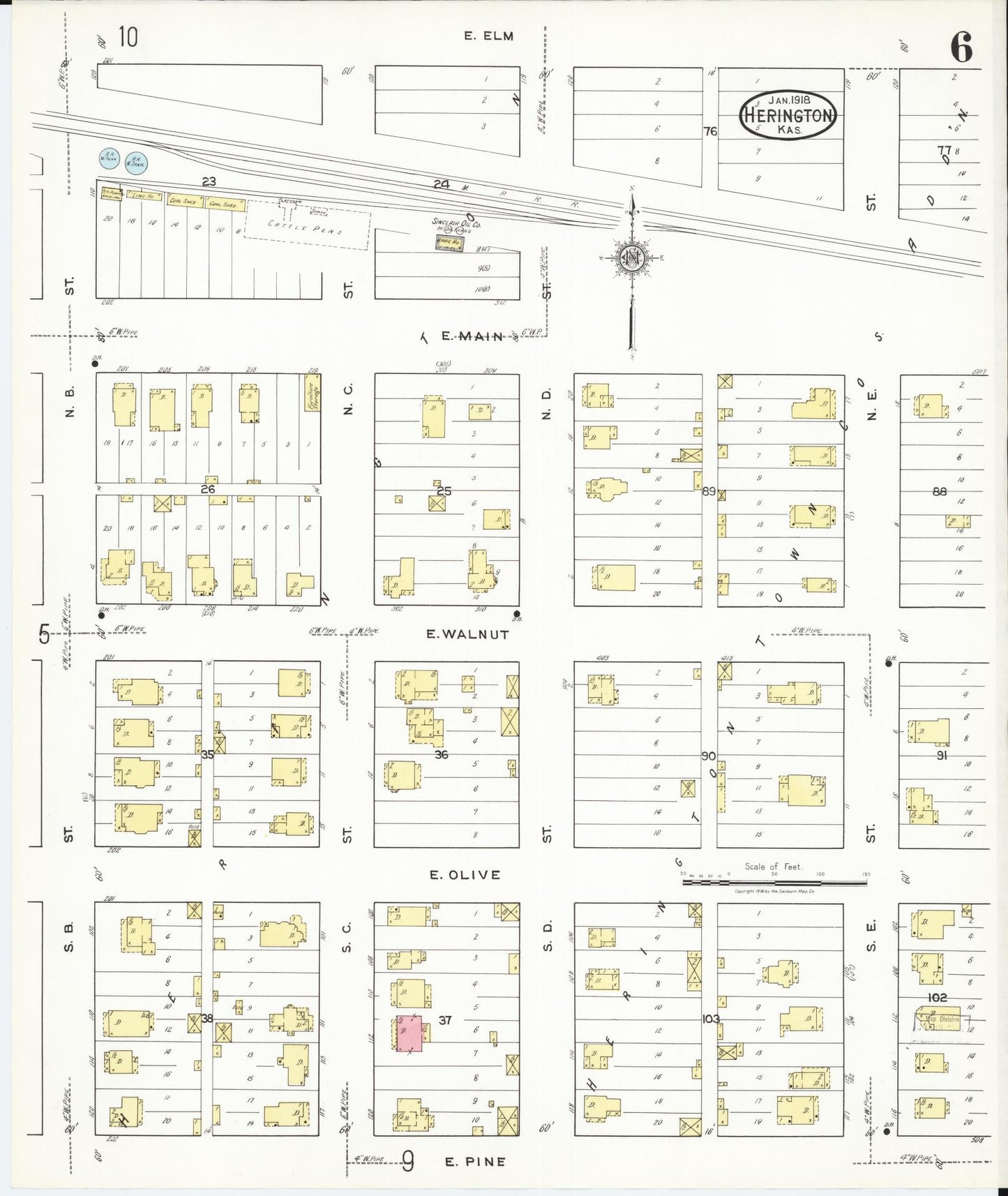 Sanborn Fire Insurance Map from Herington, Dickinson County, Kansas (1918), Sheet #0006 - Historic Sanborn Fire Insurance Map Print, vintage old map wall art, antique decor, genealogy gift, Kansas Kansas map