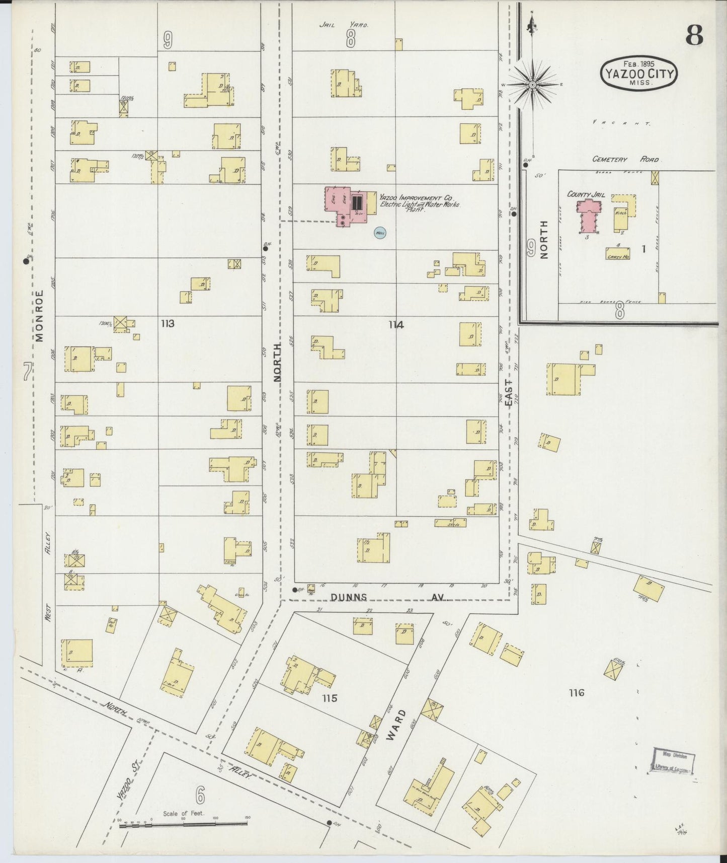 Sanborn Fire Insurance Map from Yazoo City, Yazoo County, Mississippi (1895), Sheet #0008 - Historic Sanborn Fire Insurance Map Print, vintage old map wall art, antique decor, genealogy gift, Mississippi Mississippi map