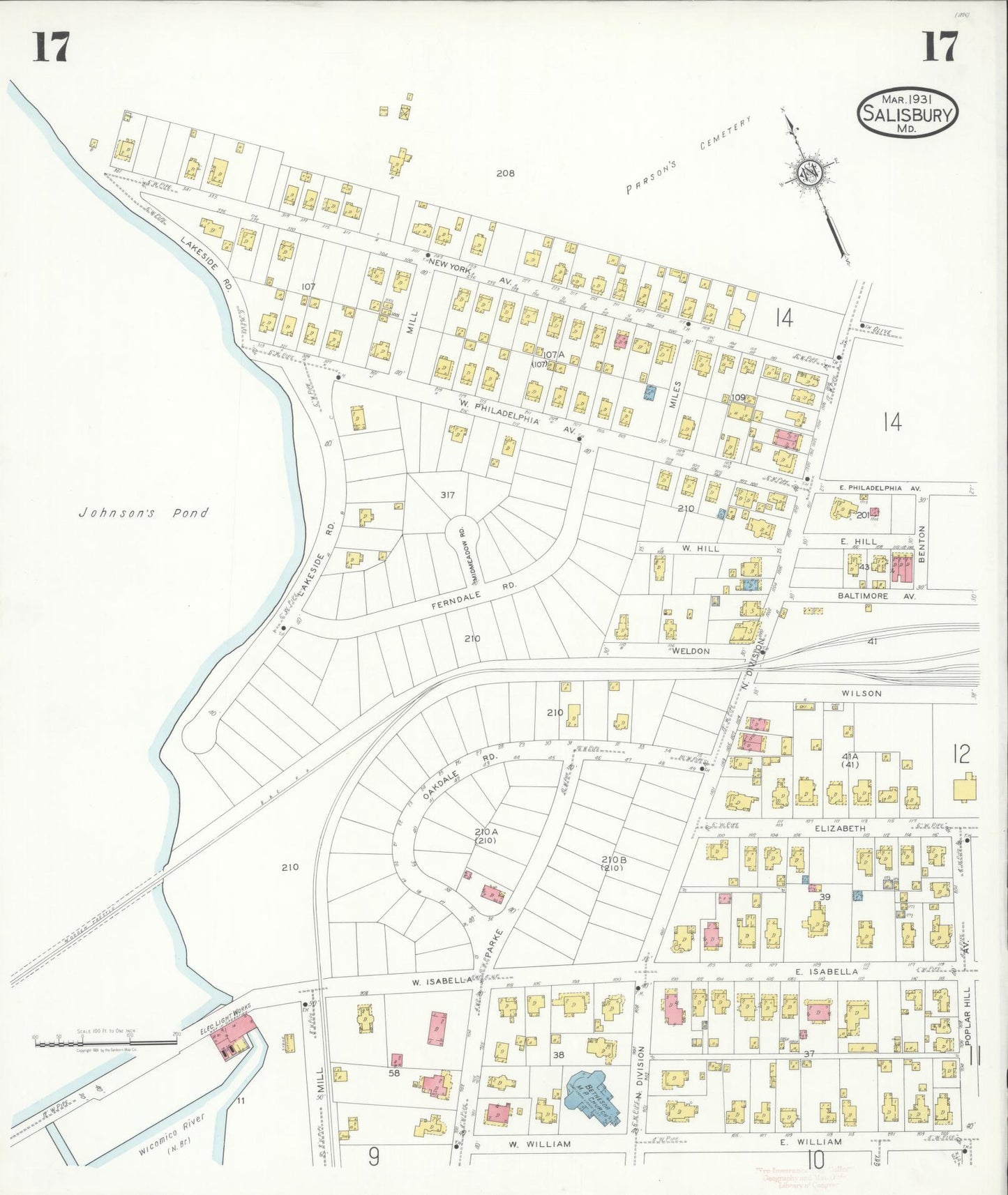 Sanborn Fire Insurance Map from Salisbury, Wicomico County, Maryland (1931), Sheet #0017 - Historic Sanborn Fire Insurance Map Print, vintage old map wall art