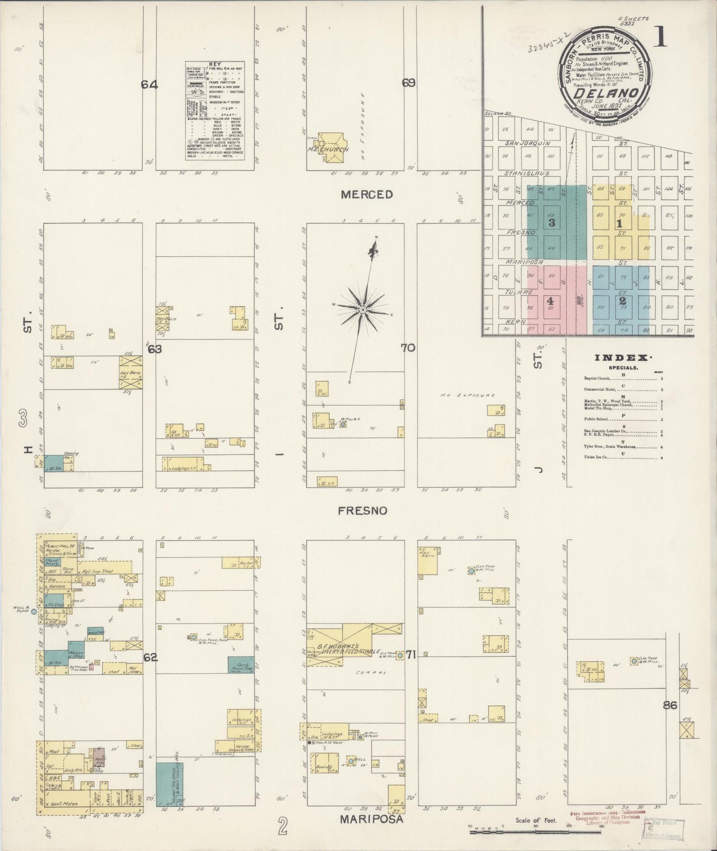 Sanborn Fire Insurance Map from Delano, Kern County, California (1892), Sheet #0001 - Historic Sanborn Fire Insurance Map Print, vintage old map wall art, antique decor, genealogy gift, California California map