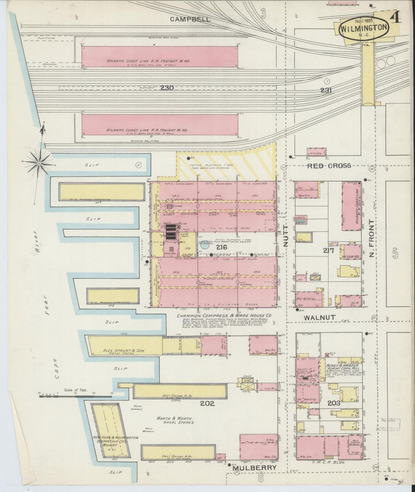 Sanborn Fire Insurance Map from Wilmington, New Hanover County, North Carolina (1893), Sheet #0004 - Historic Sanborn Fire Insurance Map Print, vintage old map wall art, antique decor, genealogy gift, North Carolina North Carolina map